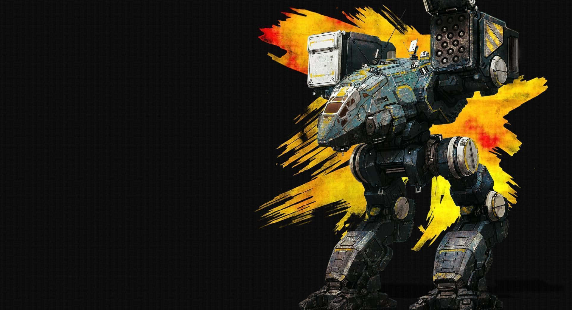 Battletech 桌布 壁紙 — 一架重型裝甲機甲站在黑色背景前，背後有火熱的橙色和黃色筆觸爆炸效果。