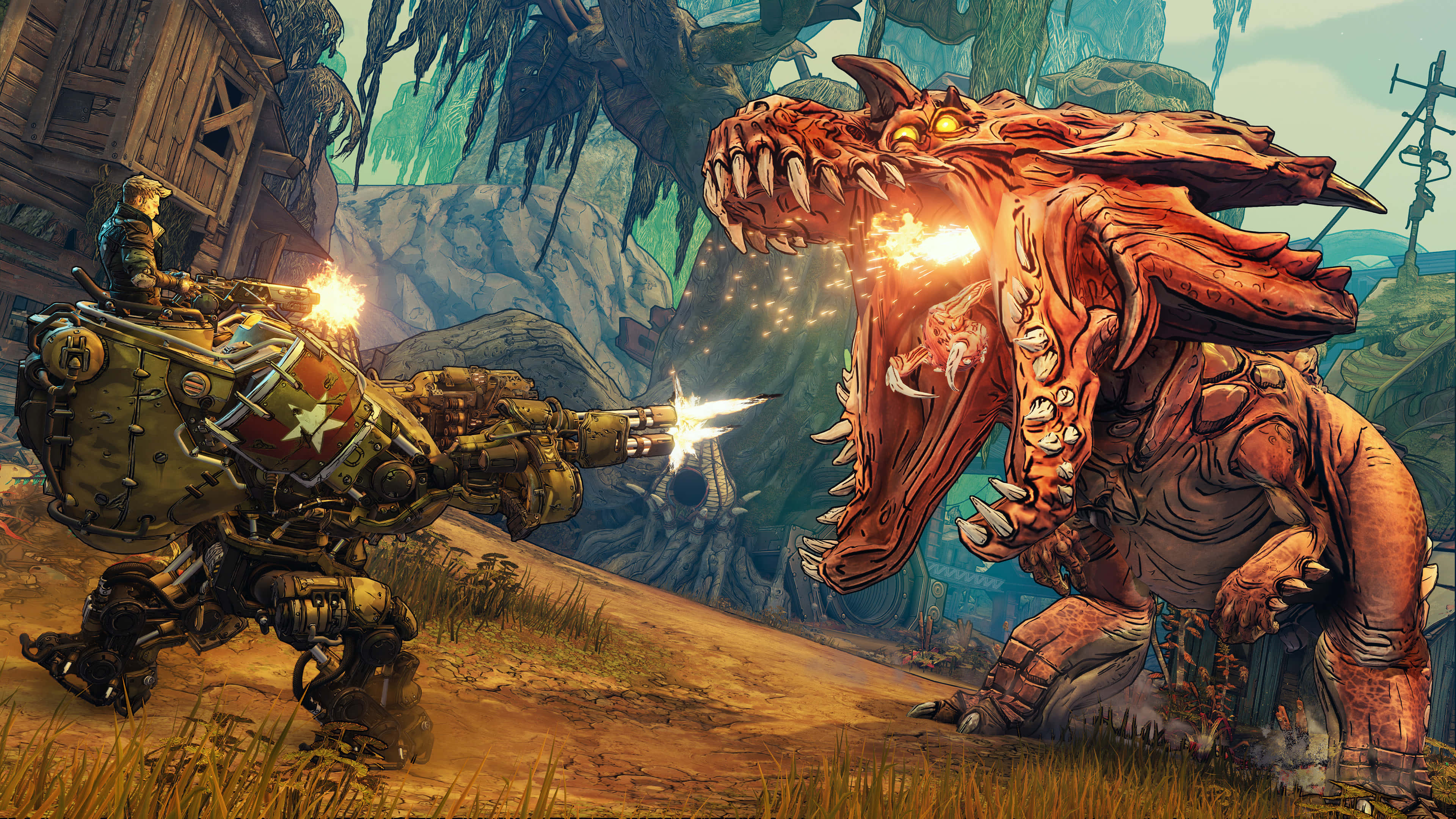 4K Borderlands 3 桌布 壁紙 — 一架重武裝機甲在崎嶇的戶外環境中向一隻噴火的巨型紅龍開火。