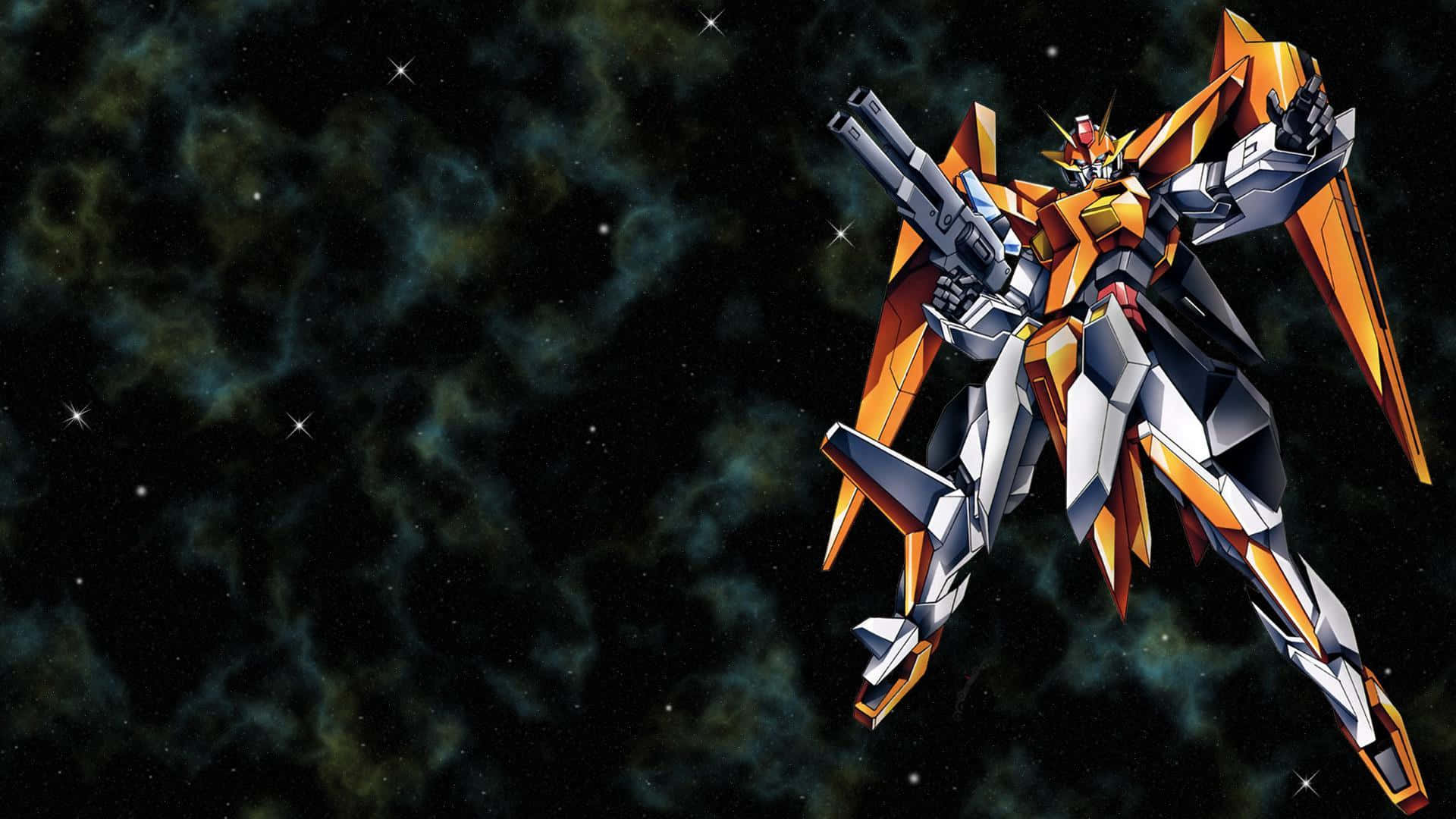 壁紙 — 一架金色和銀色的機動戰士在星雲中翱翔，周圍有發光的星星和宇宙雲。