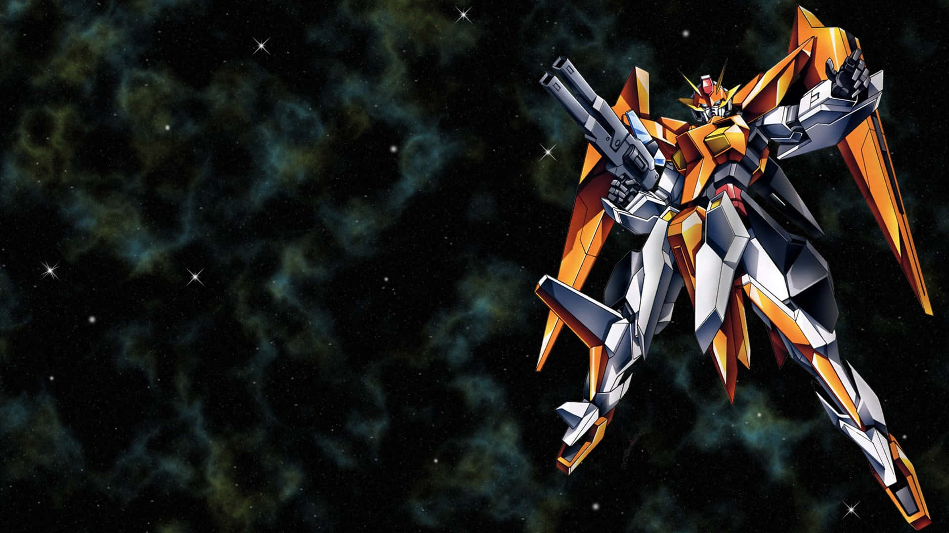 動漫機甲機器人穿著橙色和銀色裝甲飛越星際太空星雲。 — 機動戰士鋼彈 壁紙