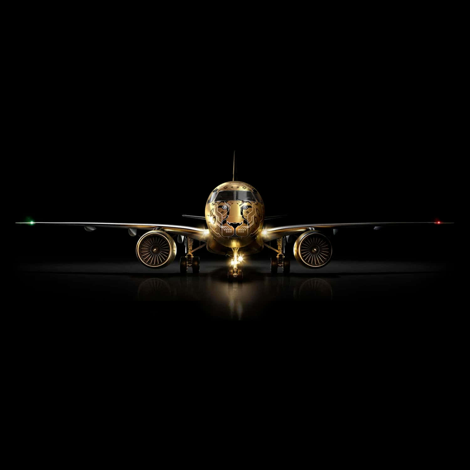 Plane 桌布 壁紙 — 一架金色飛機機頭有老虎臉，在黑色背景上發光，反射跑道燈光。