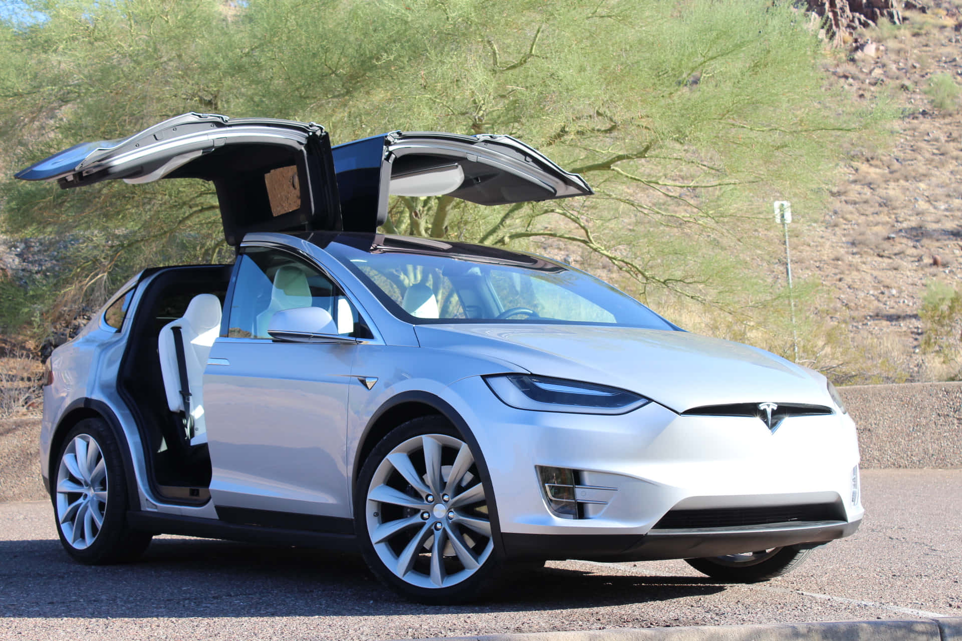 特斯拉 桌布 壁紙 — 一架銀色Tesla Model X，鷹翼門打開，停在柏油路上，旁邊是沙漠灌木和岩石山丘，在明亮的日光下。