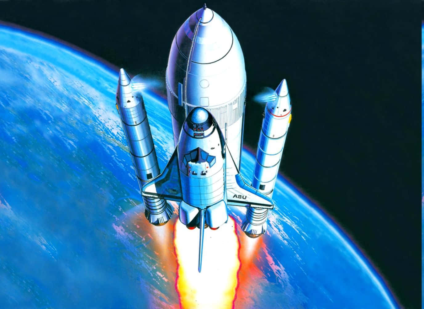 太空 桌布 壁紙 — 一架銀色太空梭連同助推火箭從地球彎曲的藍色地平線發射，在黑色虛空中留下熾熱的橙色火焰。