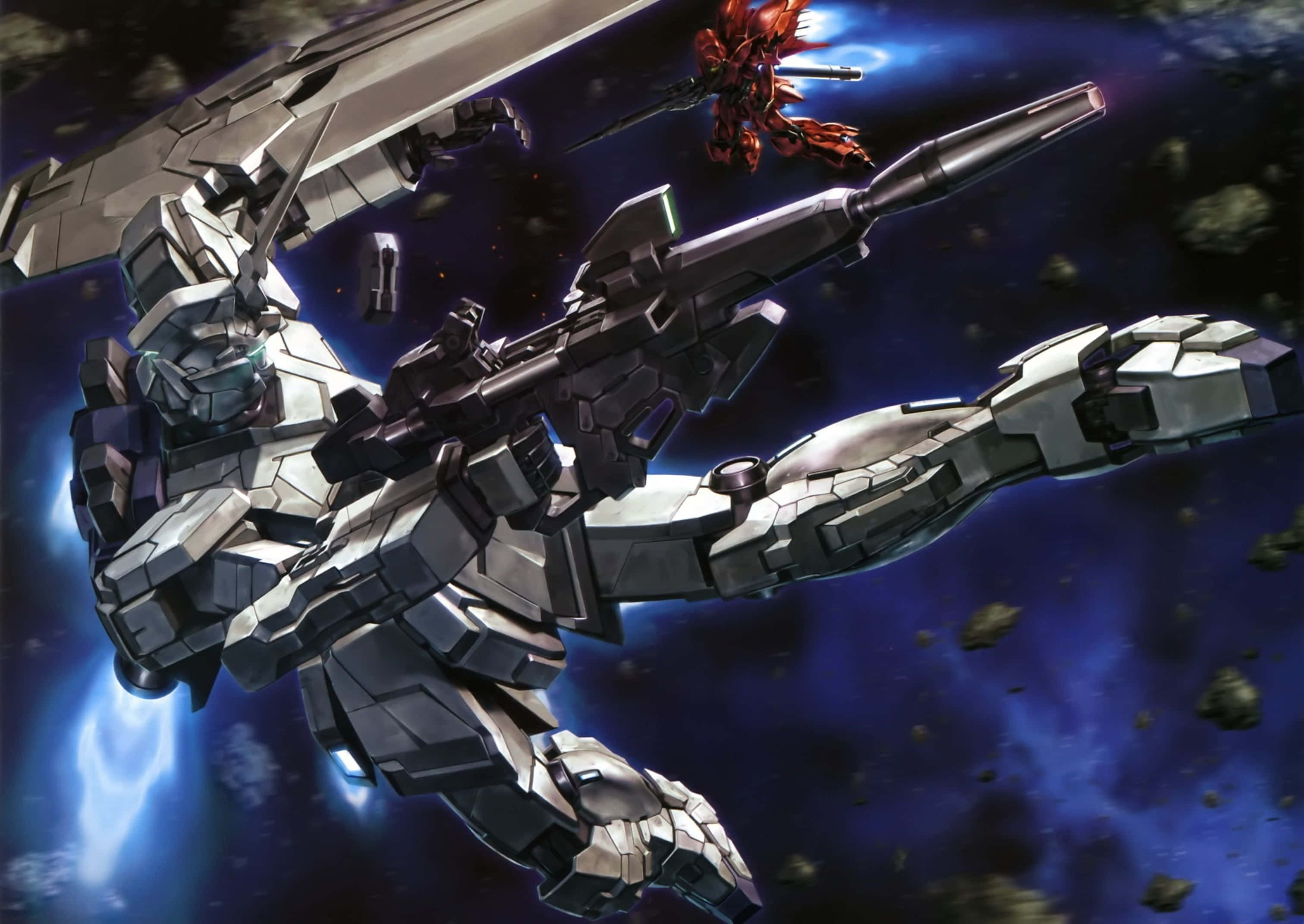 Gundam Unicorn 桌布 壁紙 — 一架銀色機動戰士在太空中發射光束步槍，紅色敵方單位在漂浮的小行星和發光的星雲中攻擊。