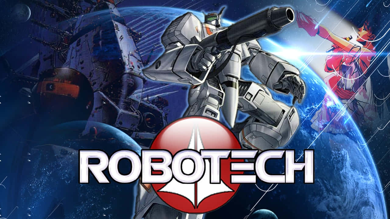 robotech 桌布 壁紙 — 一架銀色機甲在太空戰鬥，身穿紅色套裝的飛行員在藍色星球附近發射能量光束。