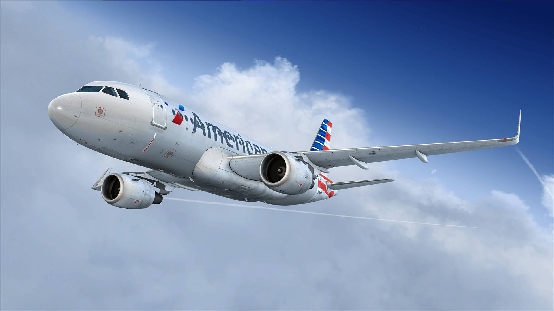 Airlines 桌布 壁紙 — 一架銀色美國航空噴射機在明亮的藍天中翱翔，引擎後拖著蓬鬆的白雲。