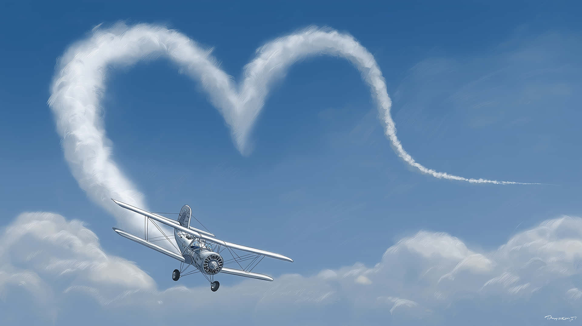 Vintage Biplane Drawing Heart in Clear Blue Sky 壁紙 — 一架銀色雙翼飛機飛過晴朗的藍天，留下心形白色煙跡。