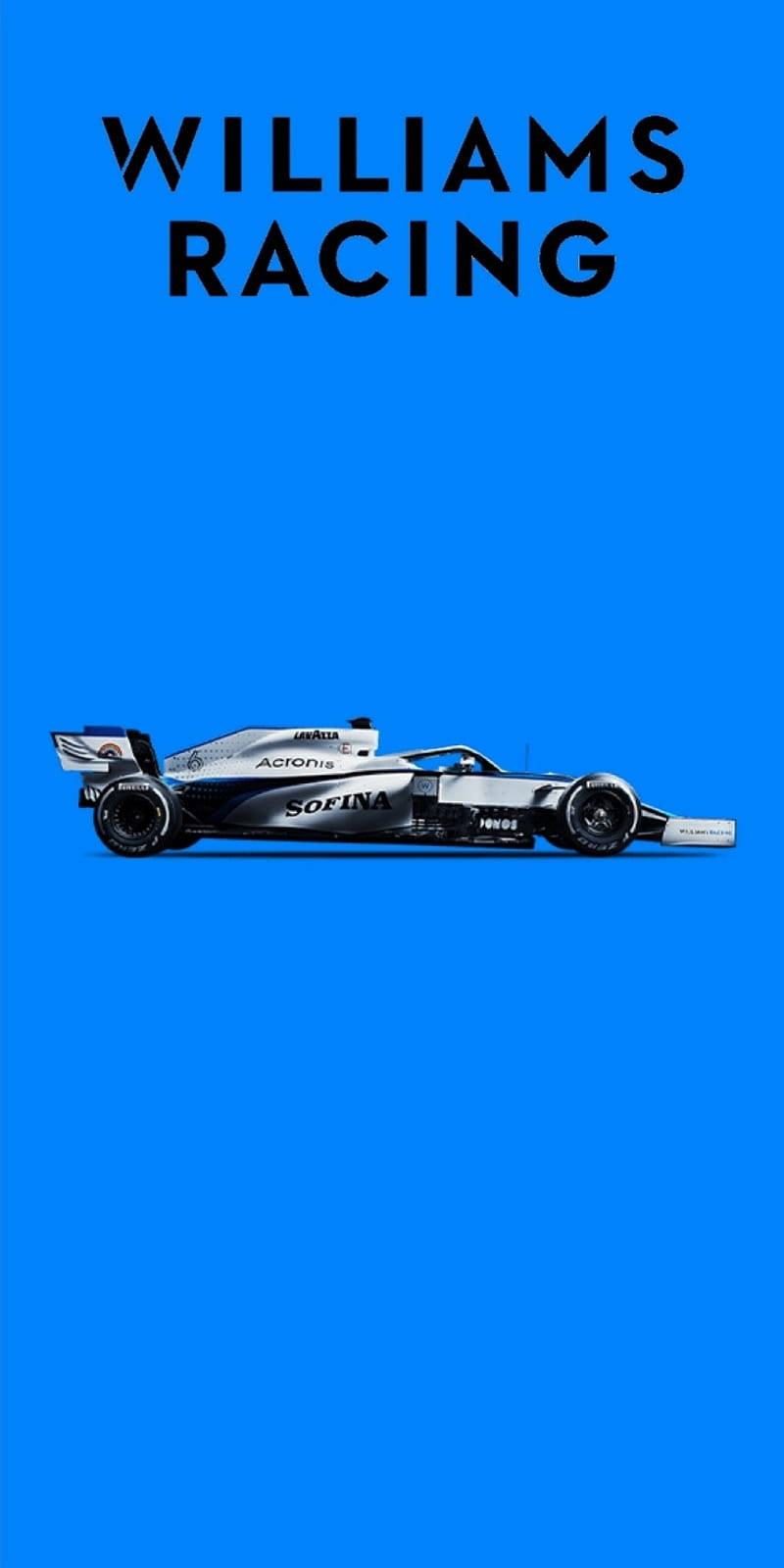 藍色美學 桌布 壁紙 — 一架銀黑色威廉斯車隊F1賽車，置中於純電藍色背景上，上方有粗體文字。