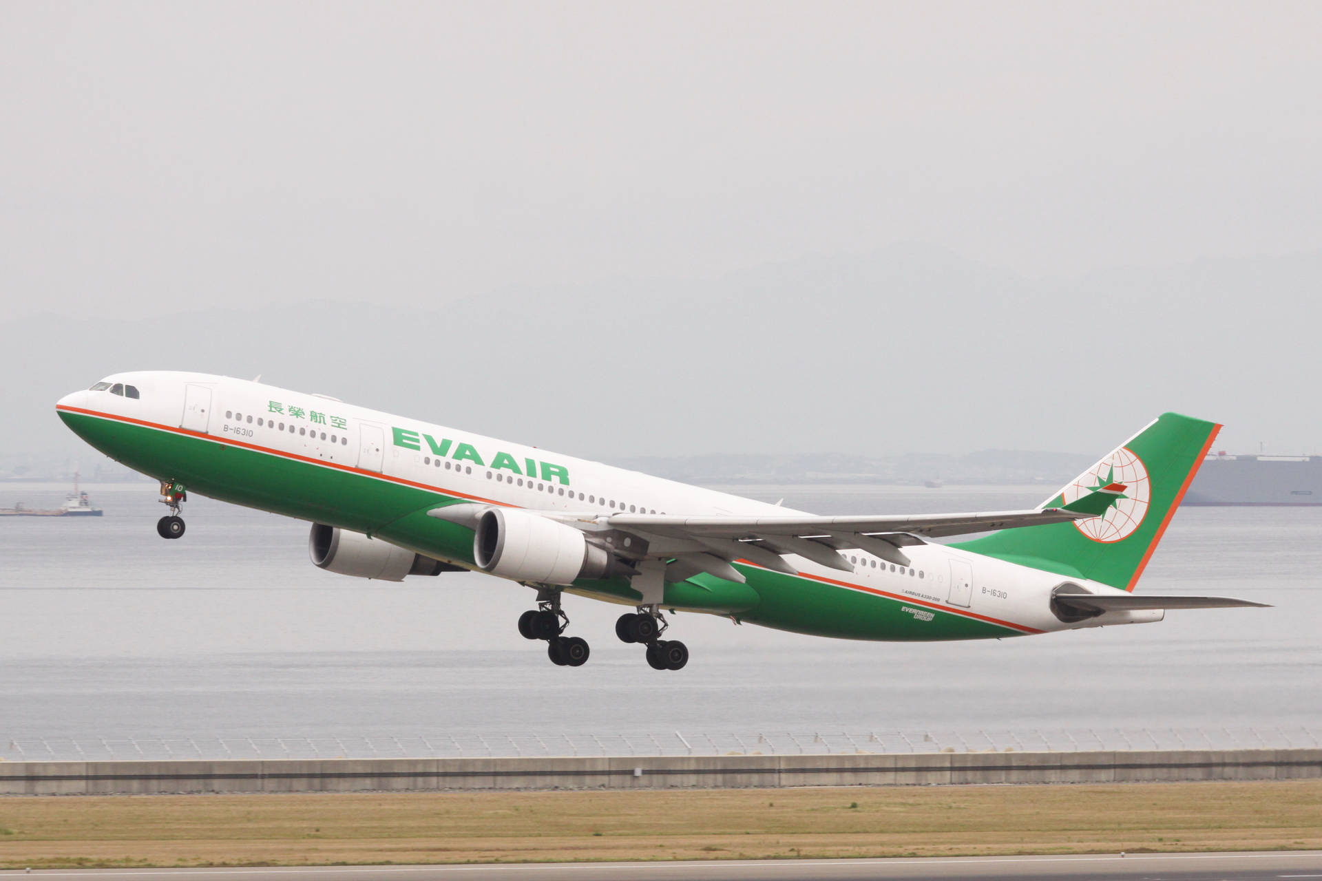  壁紙 — 一架長榮航空空中巴士A330以綠色和白色塗裝降落在跑道上，背景有水和遠處的山丘，景色朦朧。