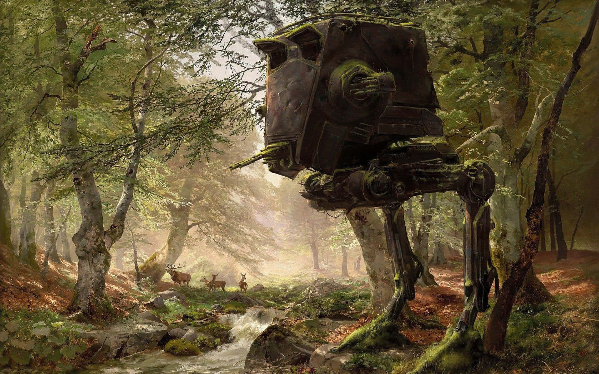 Endor 桌布 壁紙 — 一架長滿苔蘚的AT-ST步行機佇立在陽光明媚的森林中，鹿群在溪流旁吃草。
