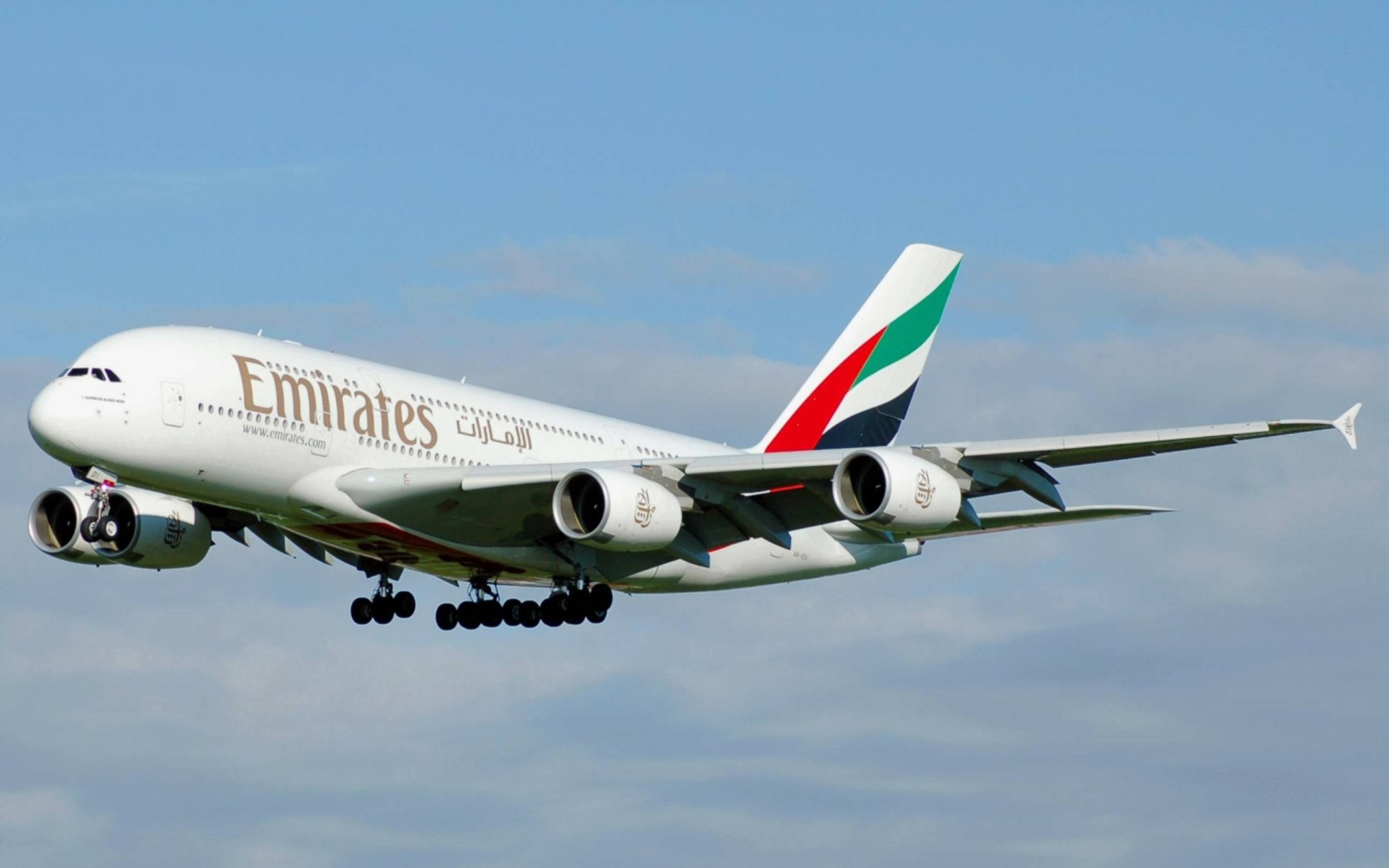飛機 桌布 壁紙 — 一架阿聯酋航空空中巴士A380飛機正在降落，起落架放下，背景是晴朗的藍天和零星雲朵。