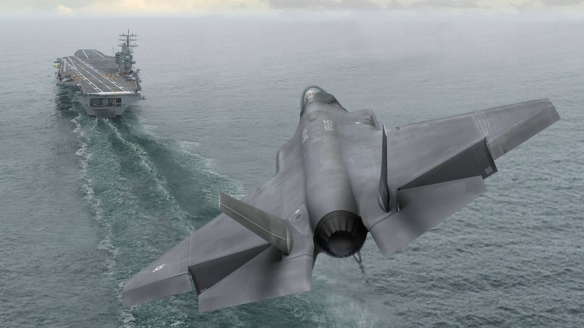 Warship 桌布 壁紙 — 一架隱形戰鬥機在海洋波浪上方翱翔，留下蒸氣痕跡，一艘航空母艦在遠方陰天下行駛。