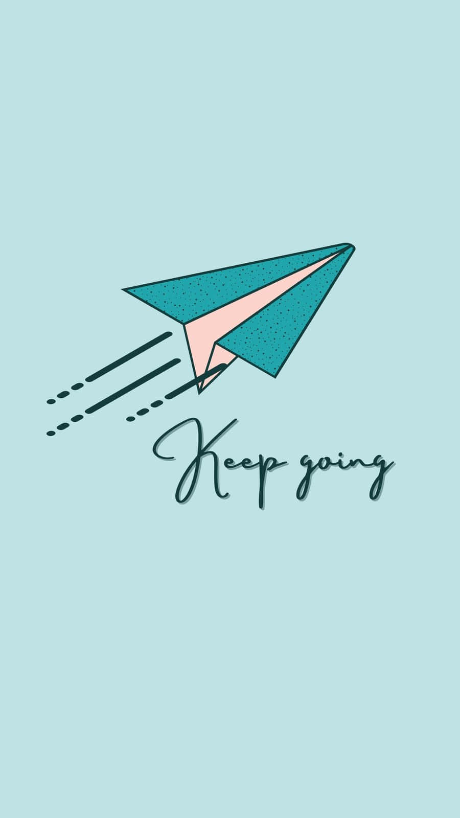 Keep Going 桌布 壁紙 — 一架青綠色和粉紅色的紙飛機向前飛翔，帶有運動線條，背景是淺藍色，並有草書文字「Keep going」。