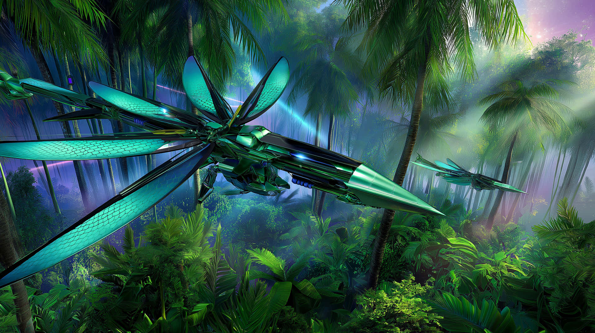 Sleek Biomechanical Dragonfly Soaring Through Jungle 壁紙 — 一架青綠色未來感蜻蜓形狀的太空船在霧氣瀰漫的叢林中滑翔，周圍有高聳的棕櫚樹和發光的紫色天空。