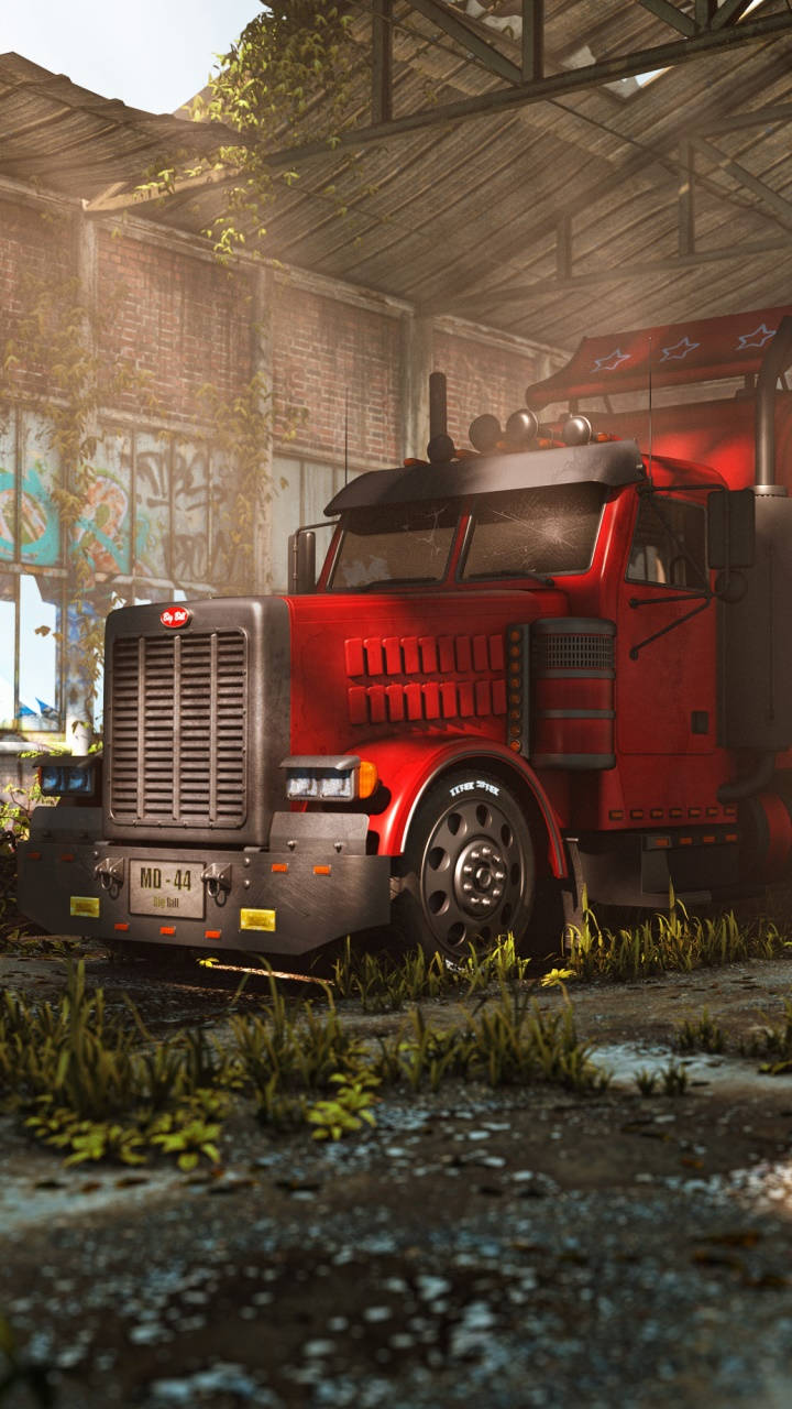 Old Truck 桌布 壁紙 — 一架風化的紅色半掛卡車被遺棄在一個長滿藤蔓和苔蘚的破舊倉庫中。
