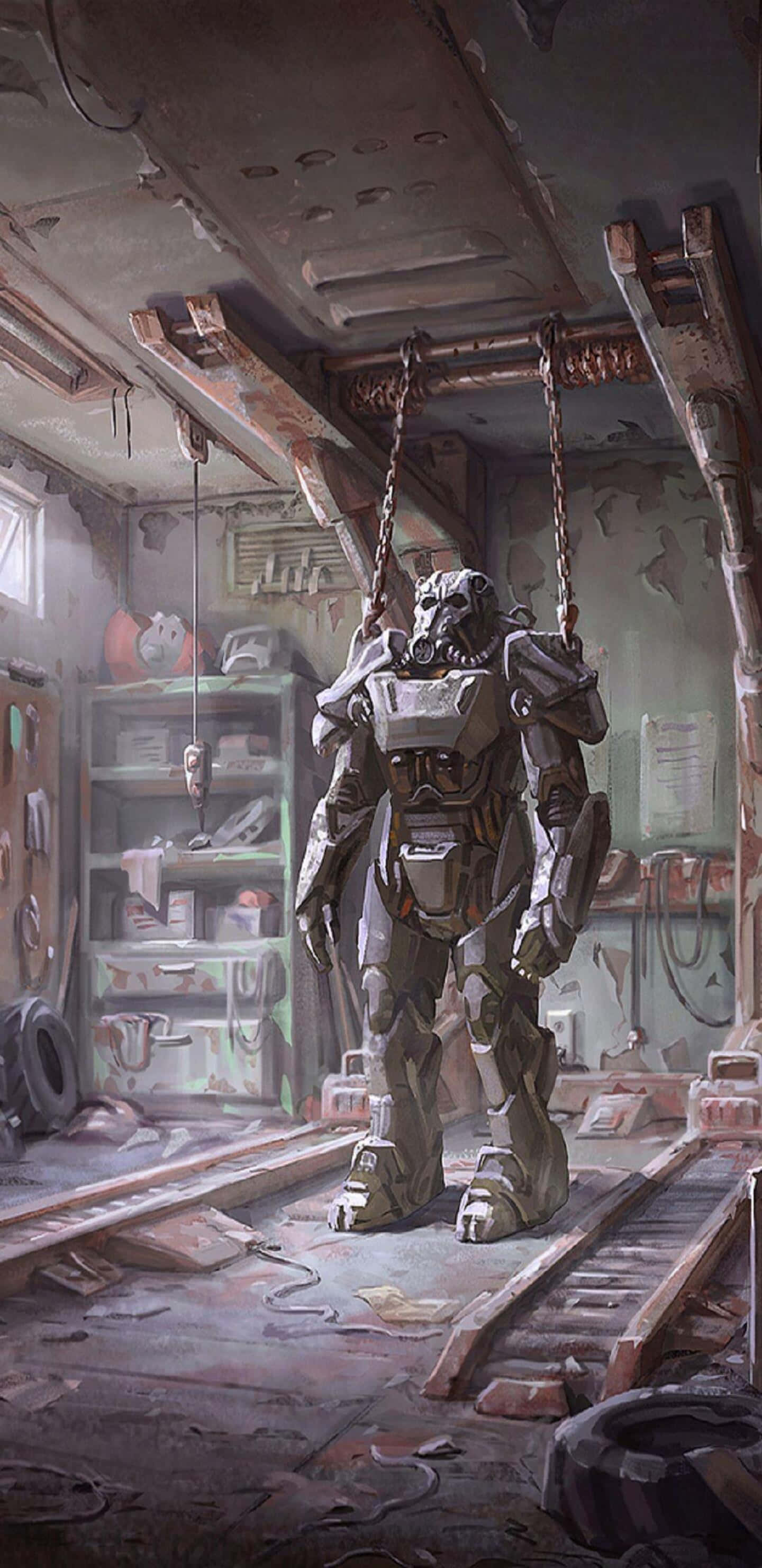 Pixel 3xl Fallout 76 桌布 壁紙 — 一架風化的裝甲機甲懸掛在一個雜亂、光線昏暗的工作室中，裡面充滿了工具和碎片。