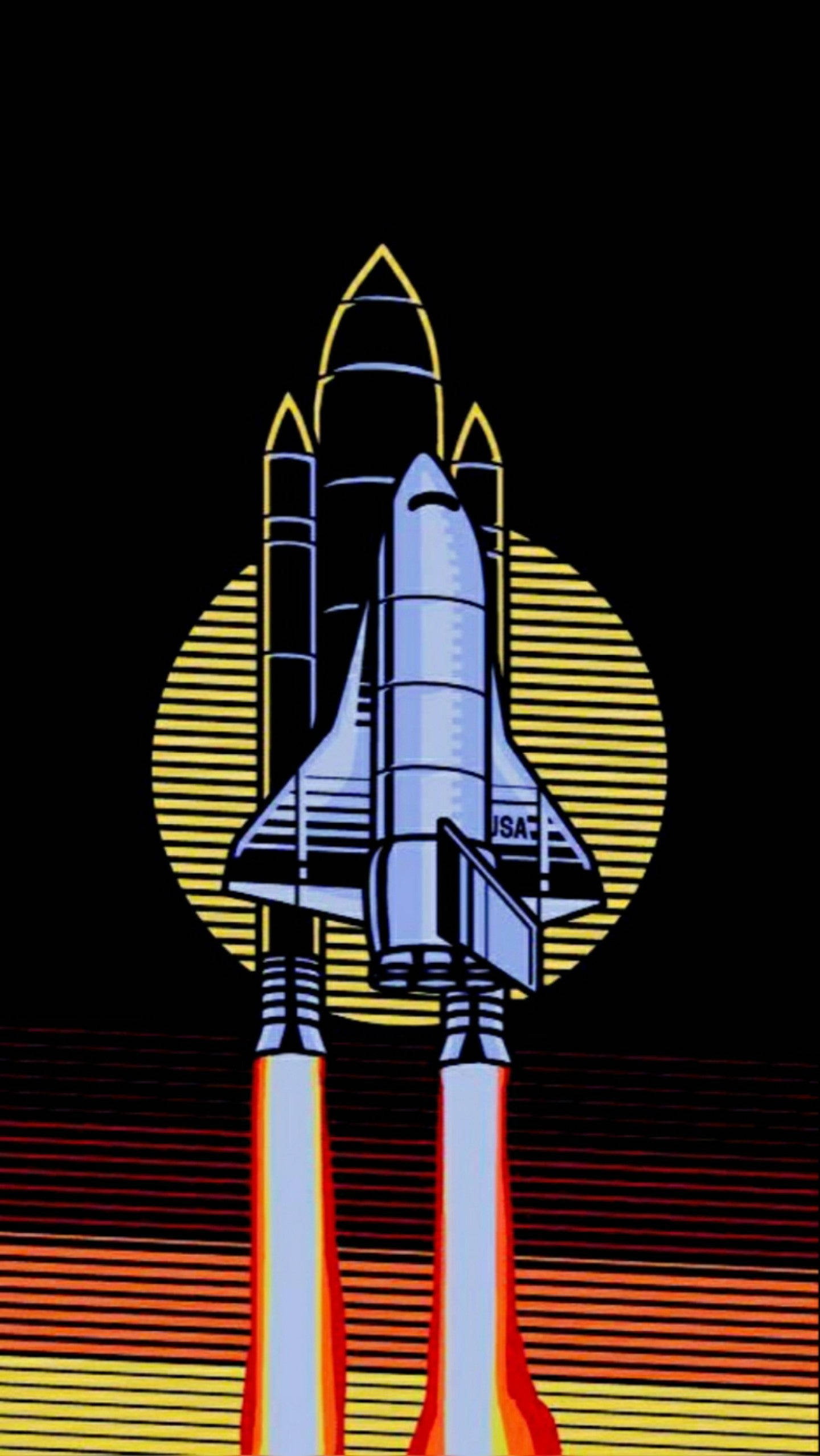 Retro Space 桌布 壁紙 — 一架風格化的太空梭在黑色天空中發射，伴隨著燦爛的黃色太陽爆發和熾熱的橙色尾跡。