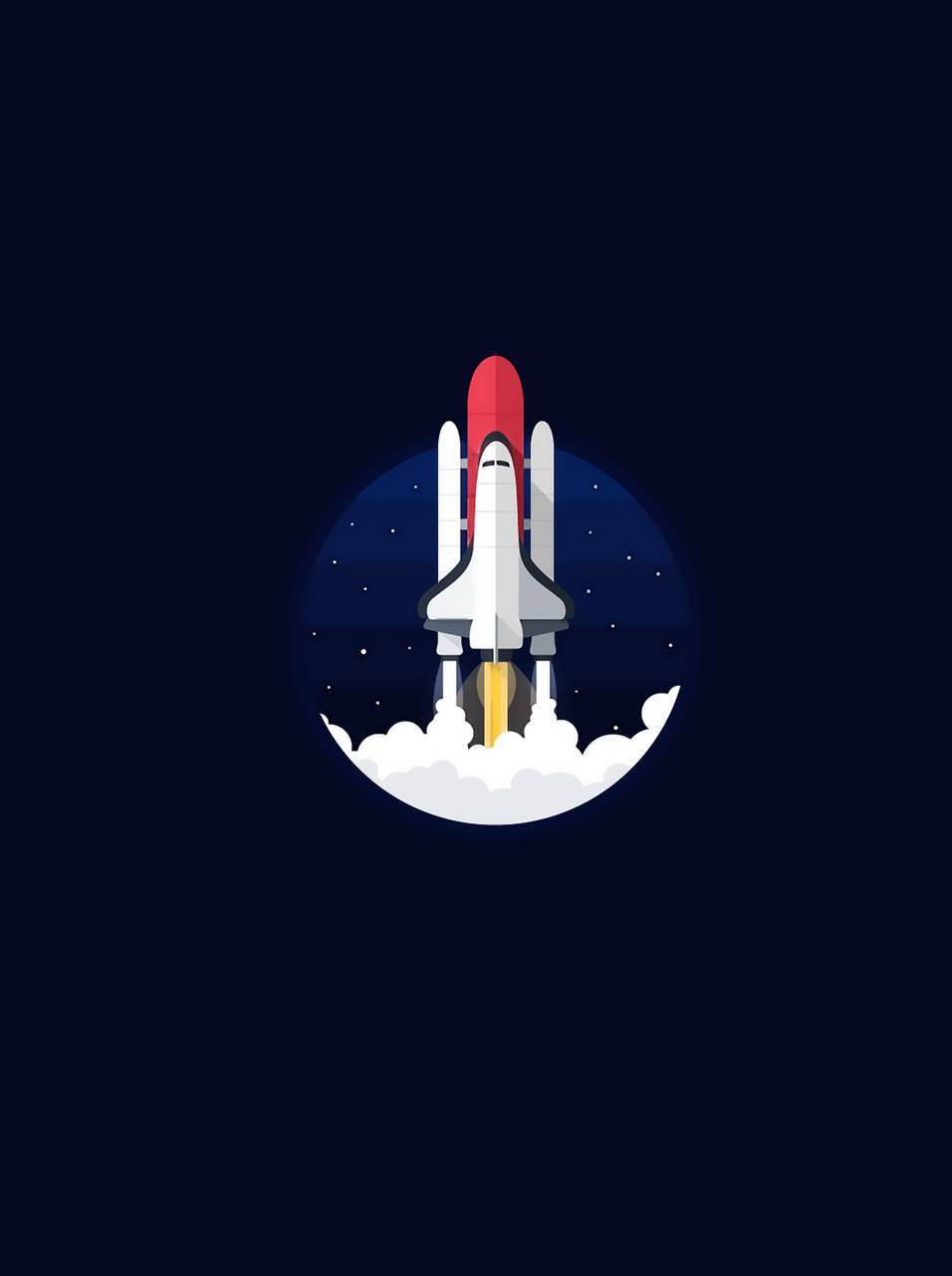 NASA 動態圖片 桌布 壁紙 — 一架風格化的太空梭從雲層中發射，背景是繁星點點的夜空，採用極簡平面設計。
