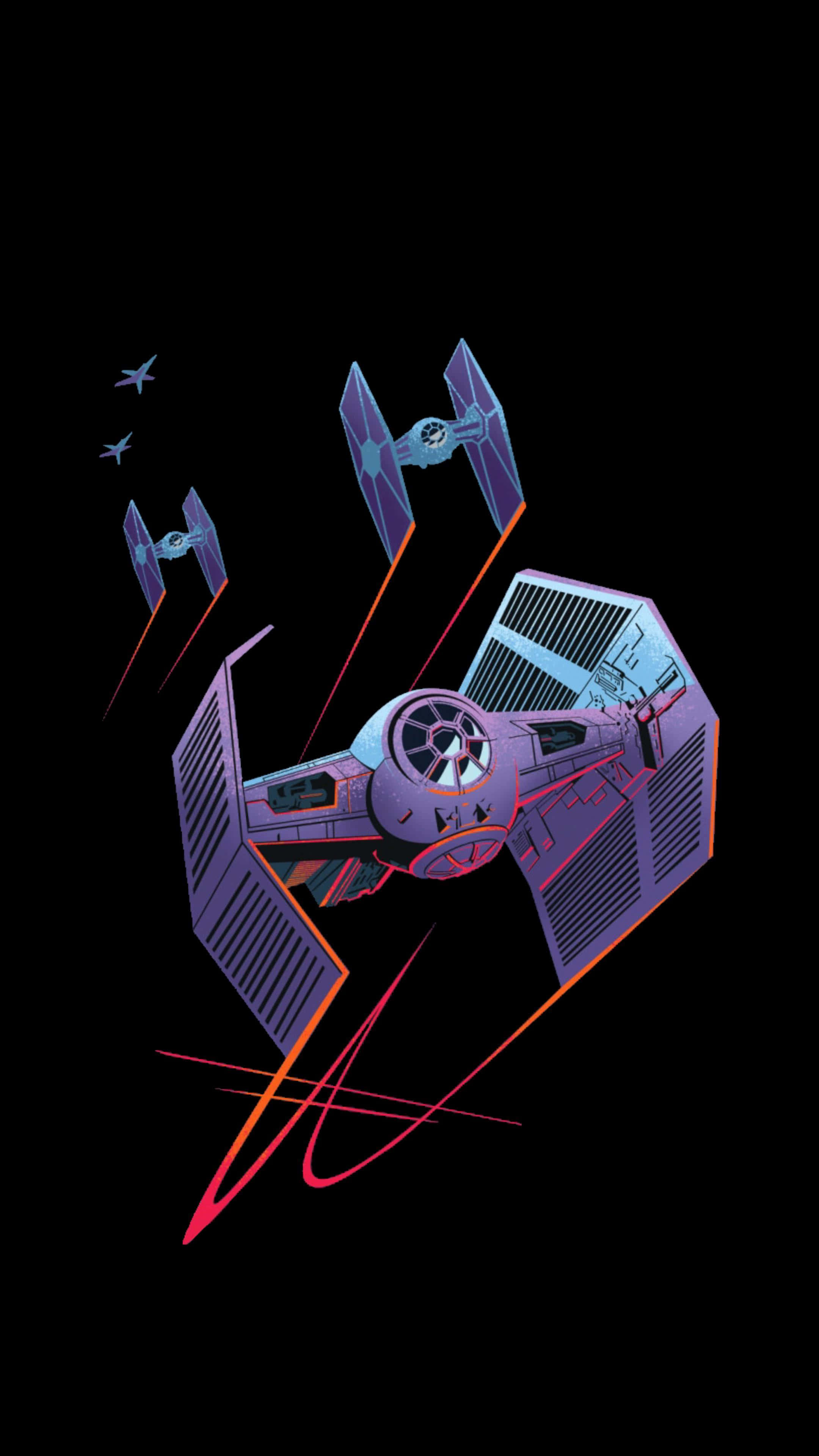Star Wars Phone 桌布 壁紙 — 一架風格化的紫色和橙色TIE戰鬥機帶有發光軌跡，在黑色虛空中飛行，後面有較小的戰鬥機跟隨。