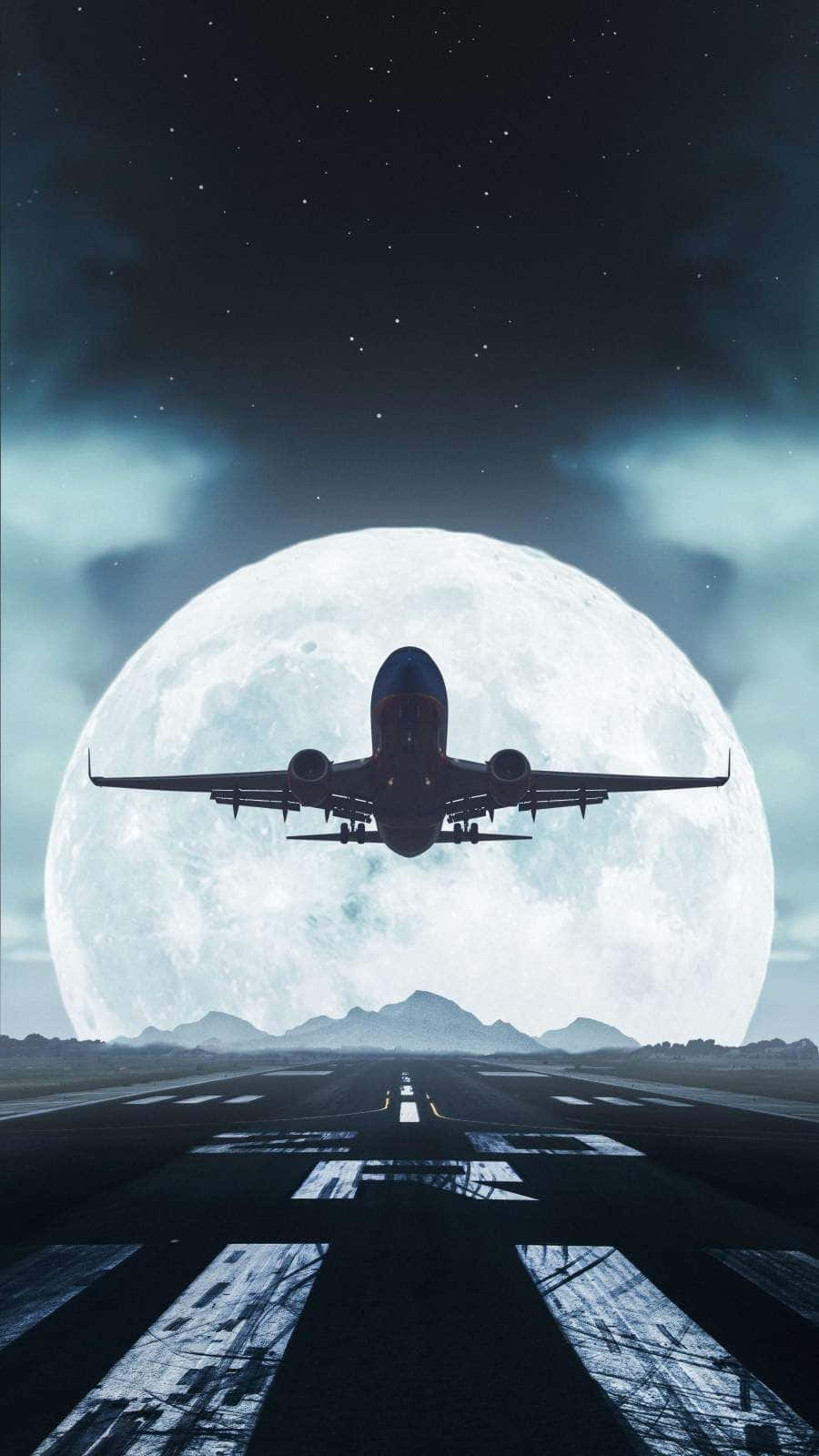 桌布 壁紙 — 一架飛機在繁星點點的夜空下，以巨大發光的月亮為背景，呈現剪影，正朝向跑道下降。