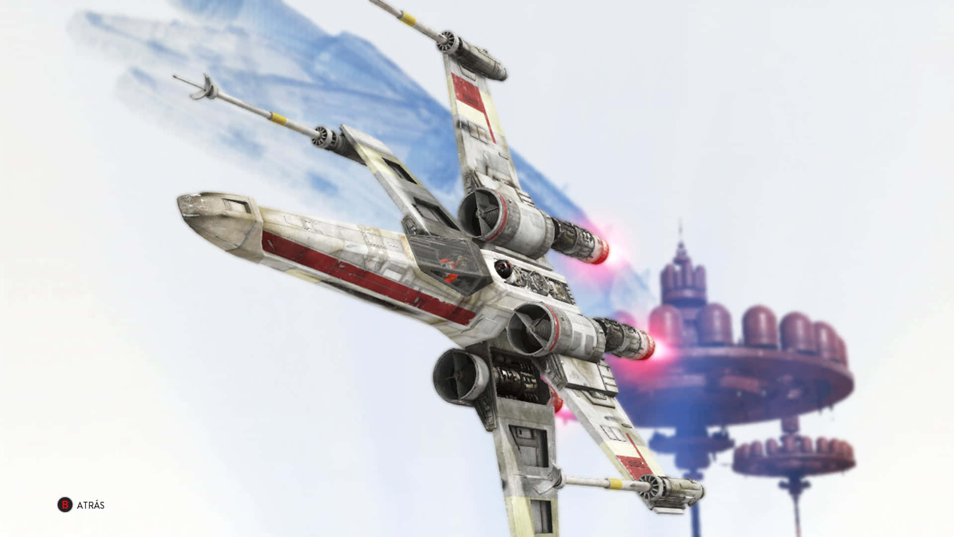 Star Wars X Wing 桌布 壁紙 — 一架飽經風霜的X翼戰機，引擎發出紅色光芒，在陰雲密佈的天空背景下，掠過一個漂浮的太空站。