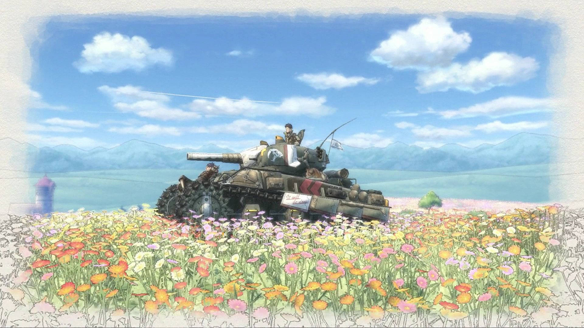 Valkyria Chronicles 桌布 壁紙 — 一架飽經風霜的坦克車停在一片色彩繽紛的野花田中，上方是藍天白雲。
