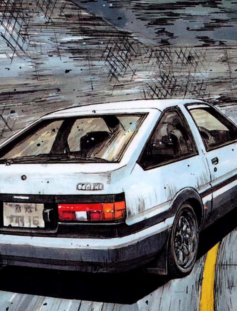 Dirty 桌布 壁紙 — 一架飽經風霜的白色AE86跑車在濕滑的道路上疾馳，伴隨著動態的運動線條和粗糙的城市背景。