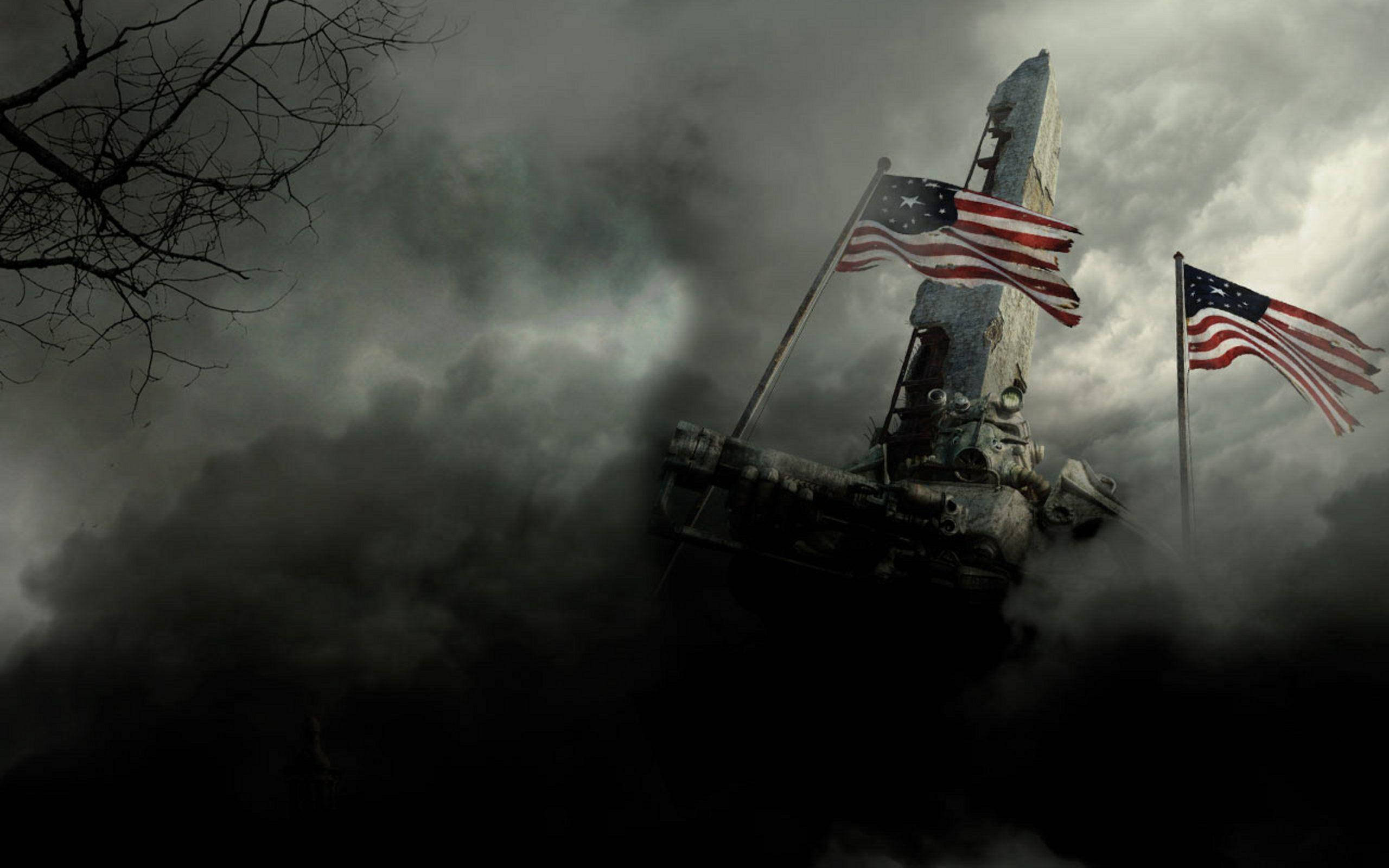 American 桌布 壁紙 — 一架飽經風霜的軍用坦克從黑煙中浮現，兩面美國國旗在暴風雨般的灰色天空中飄揚。