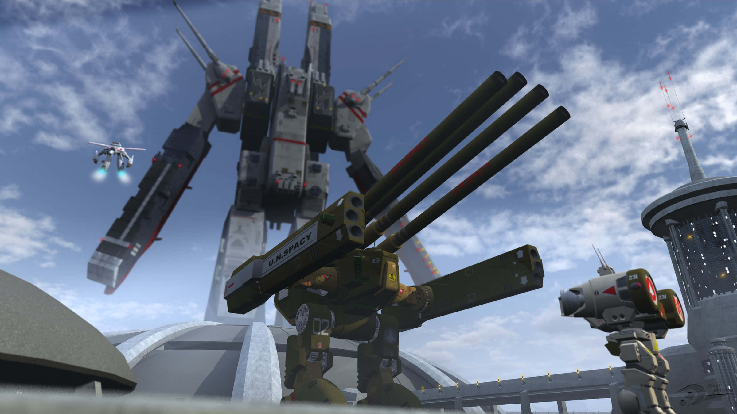 robotech 桌布 壁紙 — 一架高大的機甲聳立於未來城市景觀之上，較小的無人機在明亮的藍天下飛過。