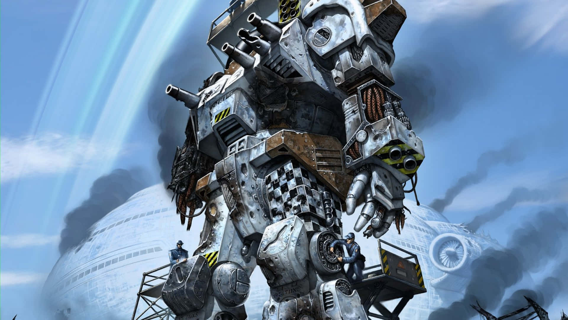 Battletech 桌布 壁紙 — 一架高聳的戰鬥機甲矗立在煙霧和瓦礫中，工人們在鷹架上，背景是藍天。