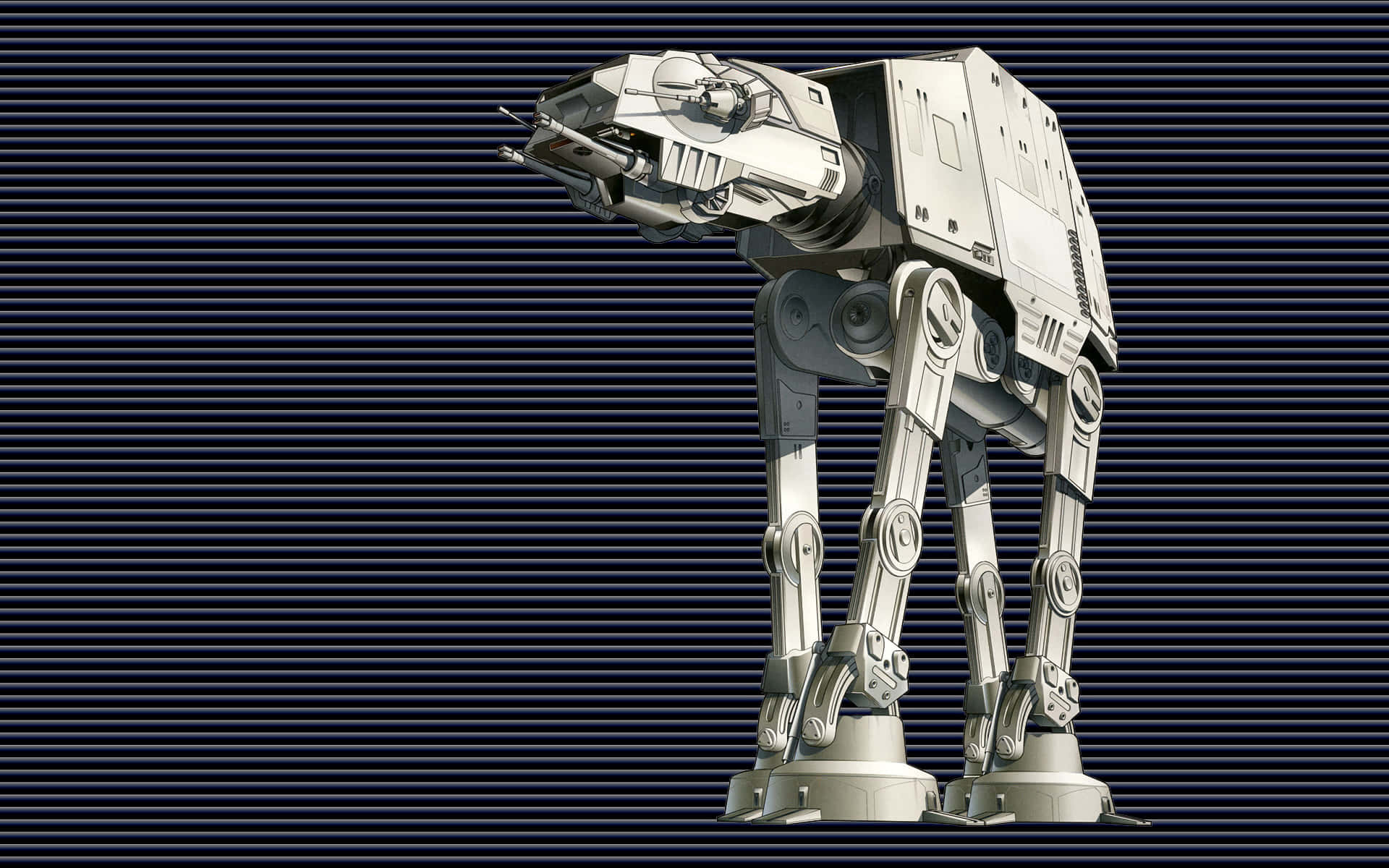 At-at 桌布 壁紙 — 一架高聳的白色 AT-AT 步行機，在深藍色條紋背景上威嚴地站立，帶有機械細節。