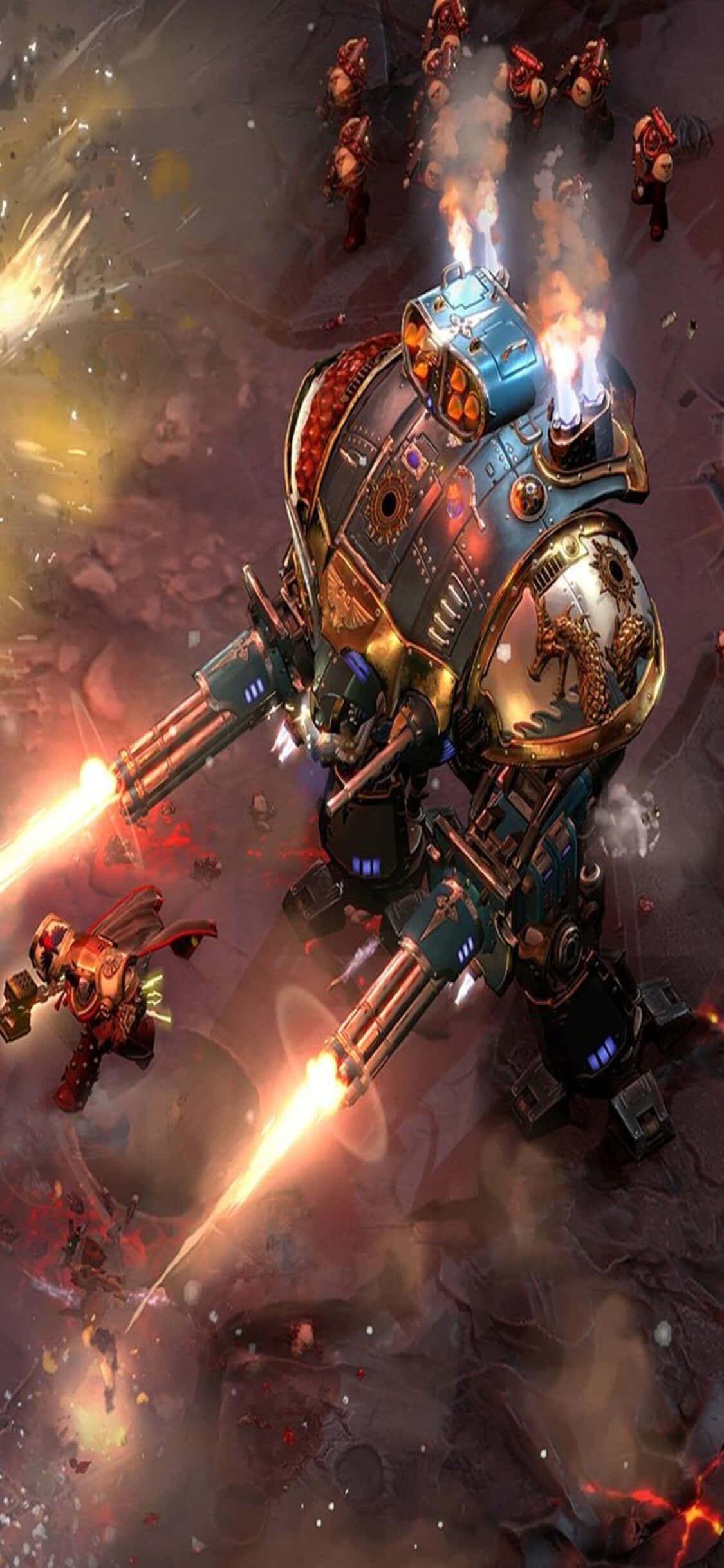 iPhone X Dawn Of War Iii 桌布 壁紙 — 一架高聳的裝甲戰爭機器在充滿爆炸和煙霧的戰場上發射熾熱的大炮。