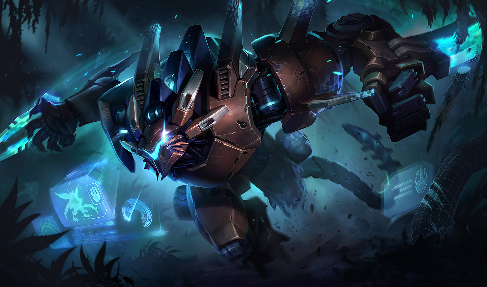 3d League Of Legends 桌布 壁紙 — 一架高聳的裝甲機甲，帶有發光的藍色能量刀片，衝過黑暗的叢林，周圍環繞著漂浮的全息界面。