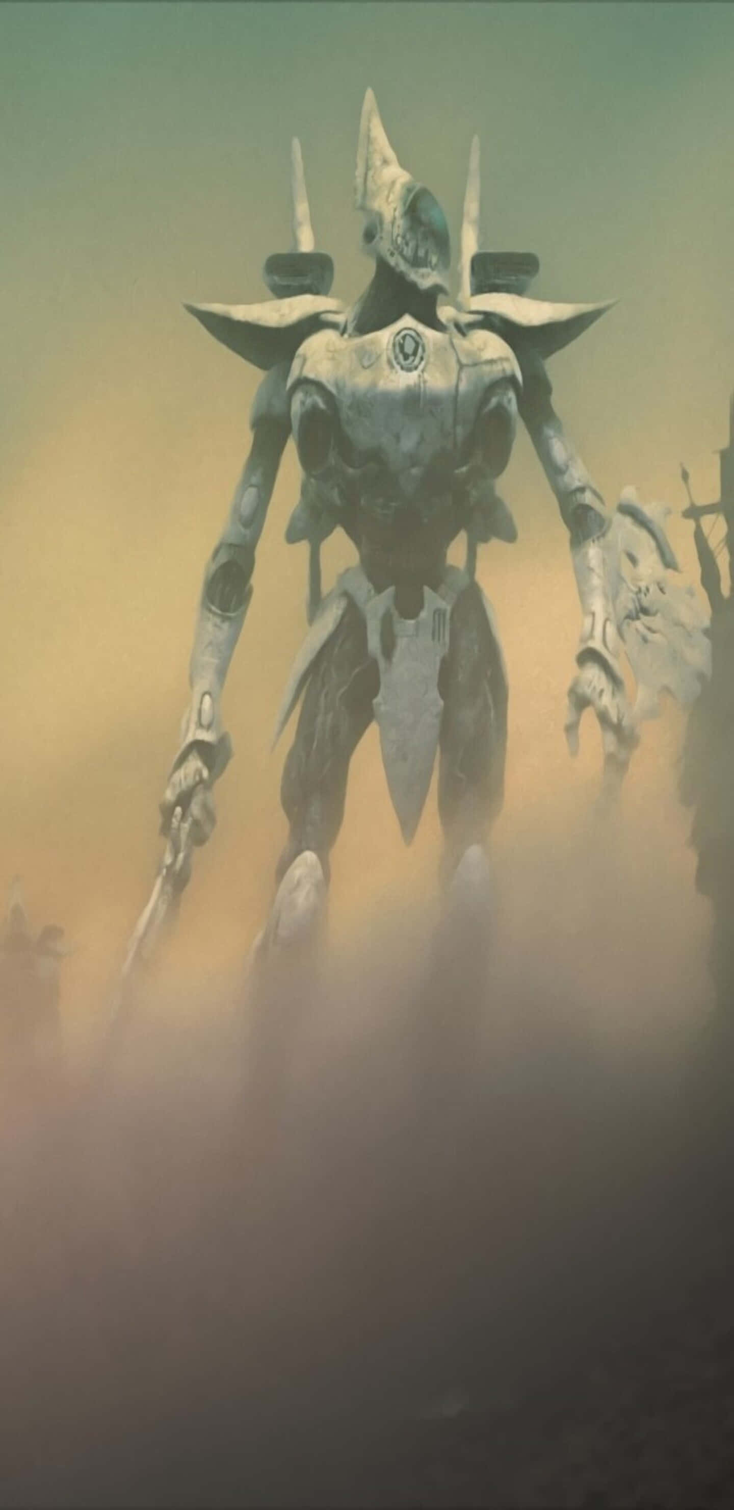 Battlefield 桌布 壁紙 — 一架高聳的裝甲機甲站在塵霧中，手持劍和盾牌，背景是暗淡的天空。
