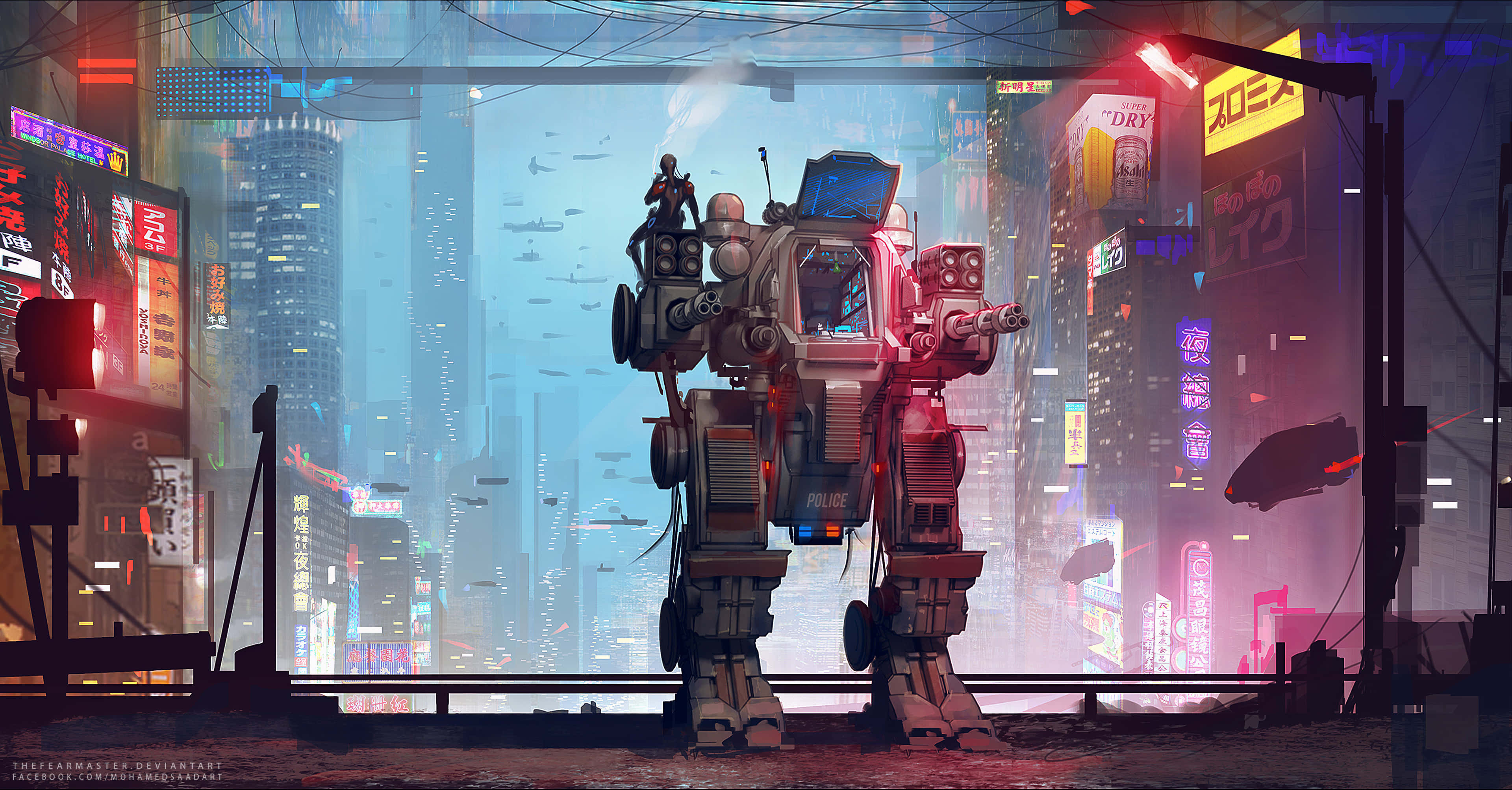 Future 桌布 壁紙 — 一架高聳的警察機甲矗立在霓虹燈閃爍的賽博龐克城市景觀中，周圍有飛行車輛和發光招牌。