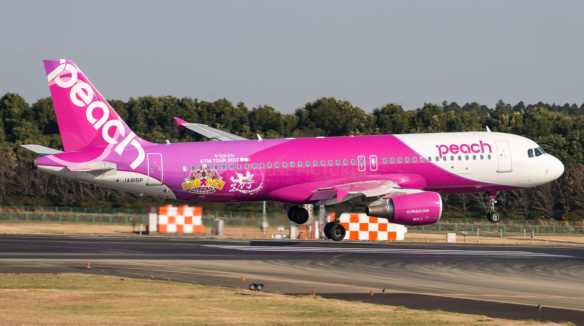 Airport 桌布 壁紙 — 一架鮮粉紅色的Peach Airlines飛機帶有KTM Tour 2017塗裝，在綠樹成蔭的跑道上滑行，天空晴朗。