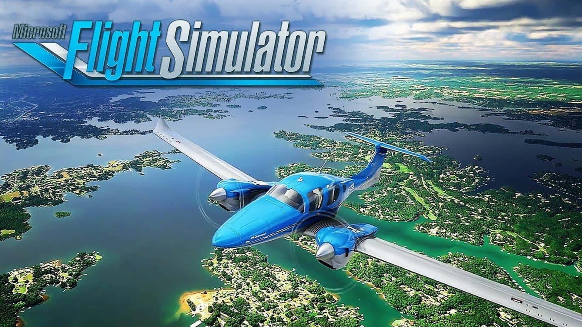 1080p Microsoft Flight Simulator 桌布 壁紙 — 一架鮮藍色單引擎飛機在晴朗多雲的天空下，翱翔於點綴著湖泊和城鎮的廣闊綠色景觀之上。