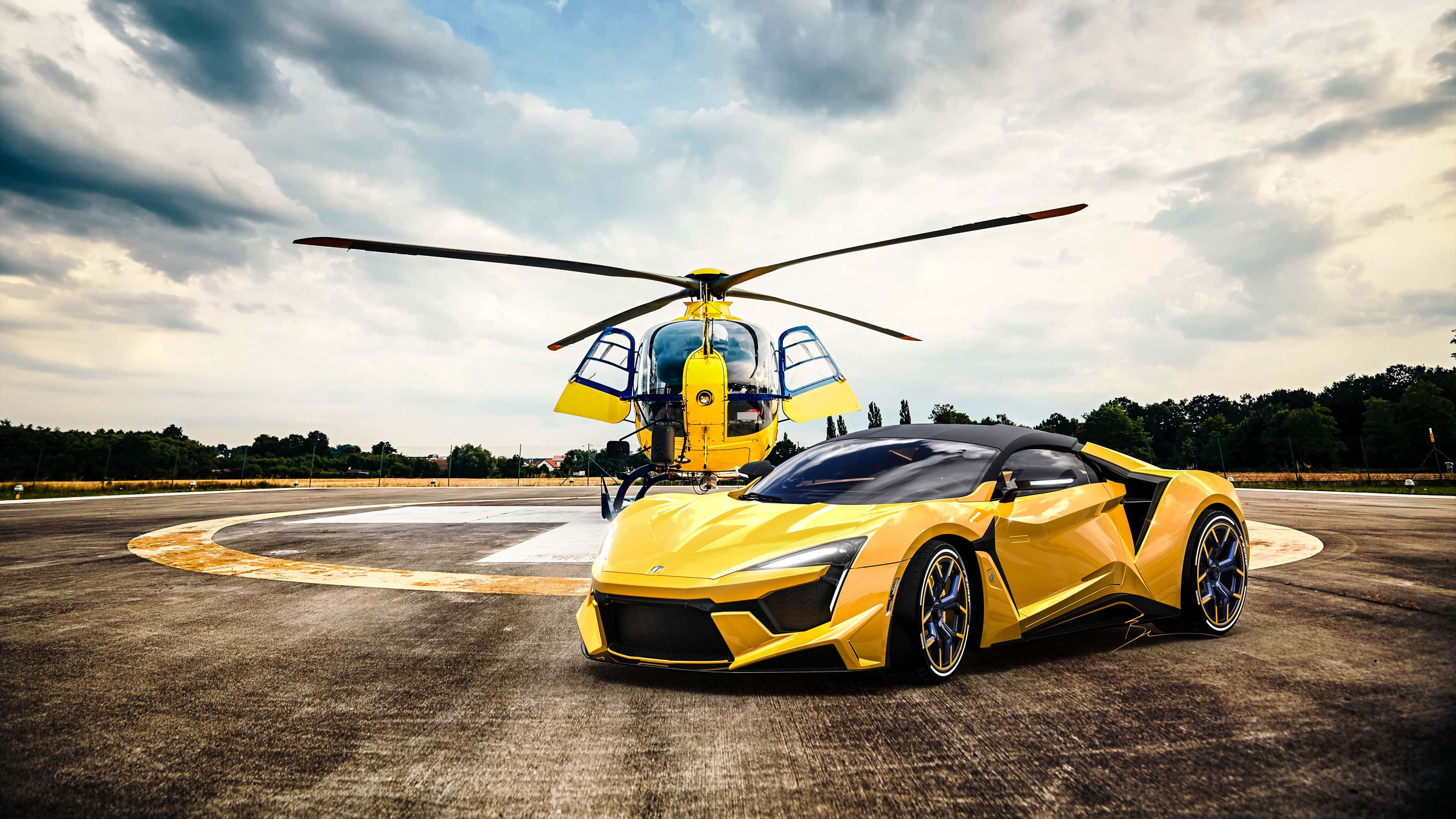 4K Helicopters 桌布 壁紙 — 一架鮮黃色跑車和相配的直升機停泊在停機坪上，天空多雲。