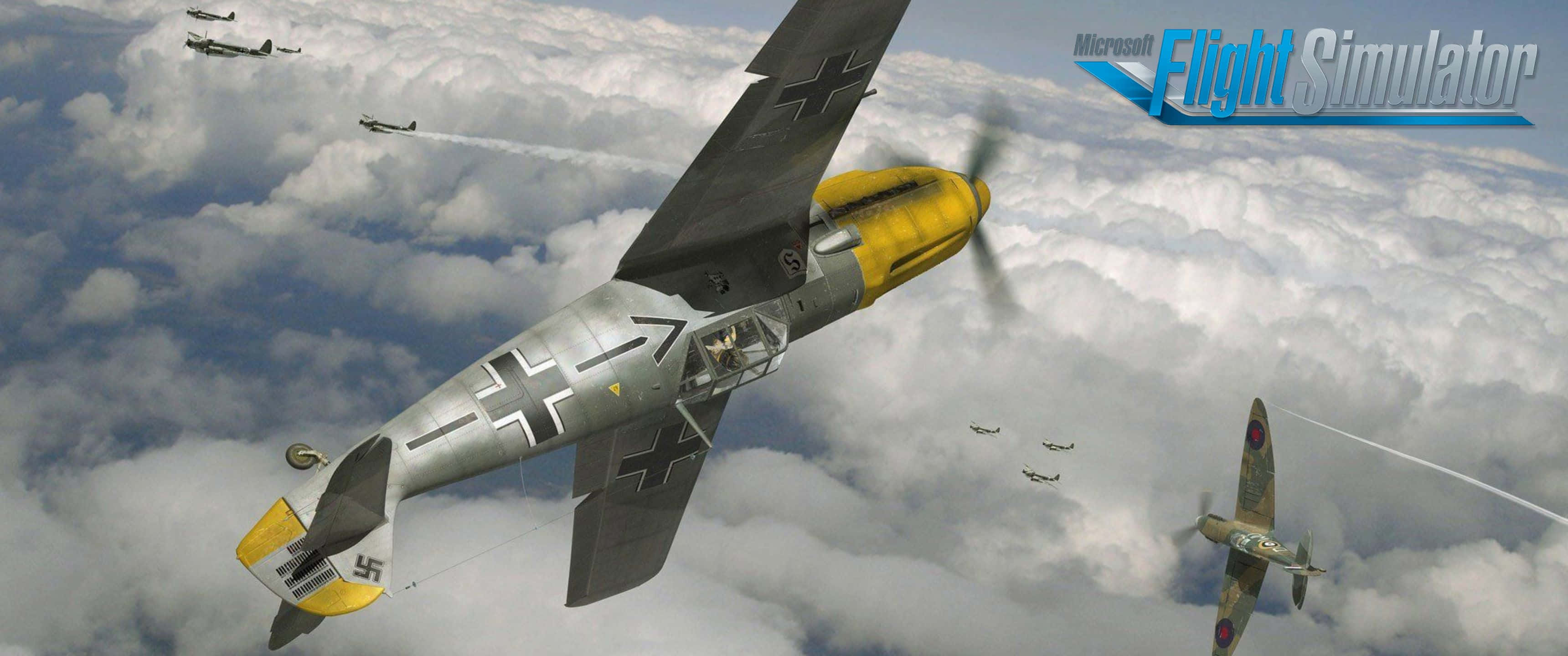 3440x1440p Microsoft Flight Simulator 桌布 壁紙 — 一架黃色機頭、帶有黑色十字標誌的德國二戰戰鬥機，在 fluffy 白色雲層上方與英國飛機進行空中纏鬥。