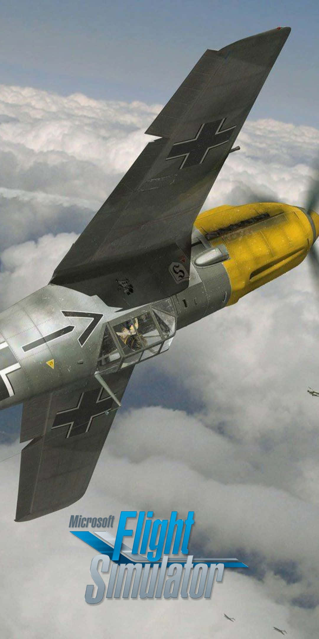 Pixel 3 Microsoft Flight Simulator 桌布 壁紙 — 一架黃色機頭帶有黑色十字標誌的復古德國戰鬥機，在晴朗藍天中翱翔於蓬鬆白雲之上。