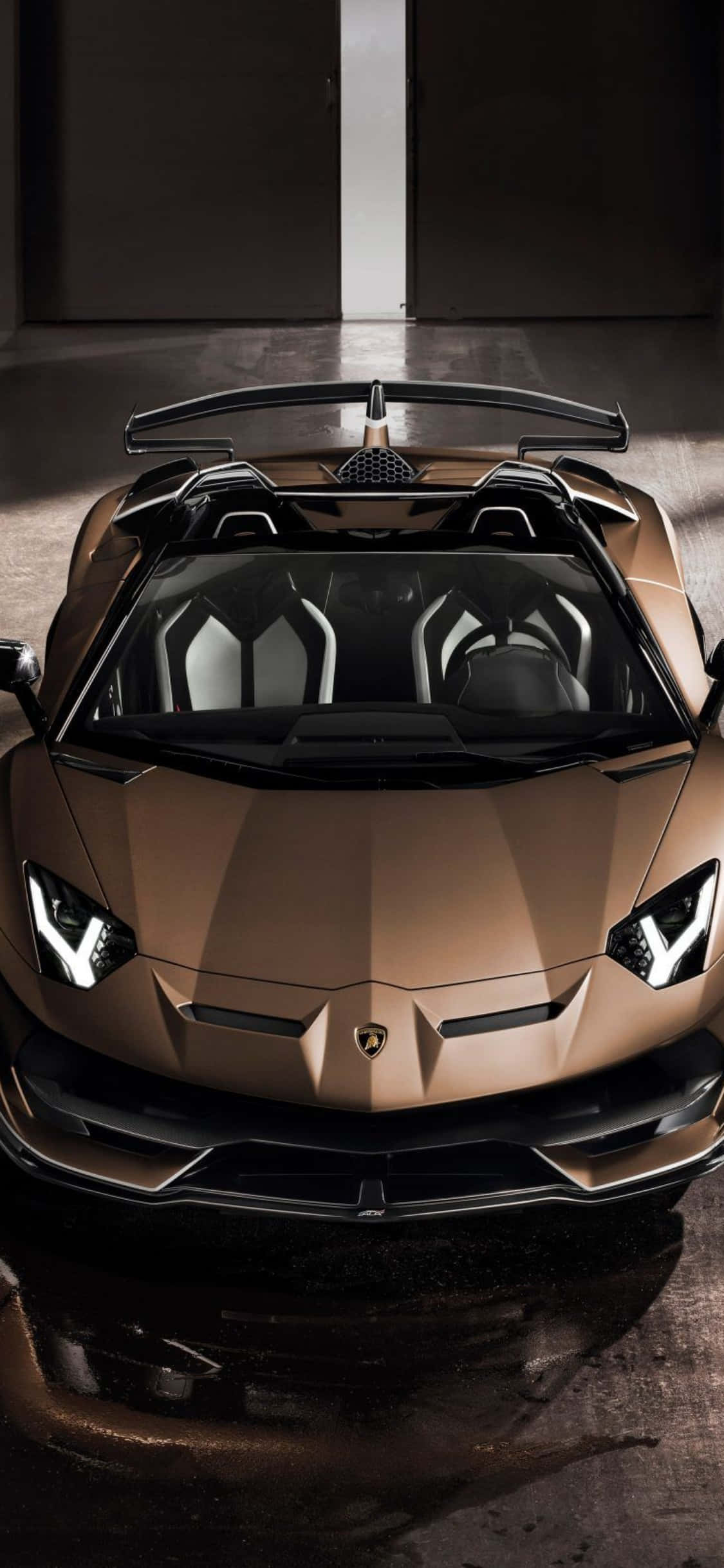 iPhone X Lamborghini 桌布 壁紙 — 一架黑色車頂的流線型青銅色藍寶堅尼Aventador Roadster停放在燈光昏暗的車庫中，其侵略性設計和銳利線條在戲劇性燈光下凸顯出來。