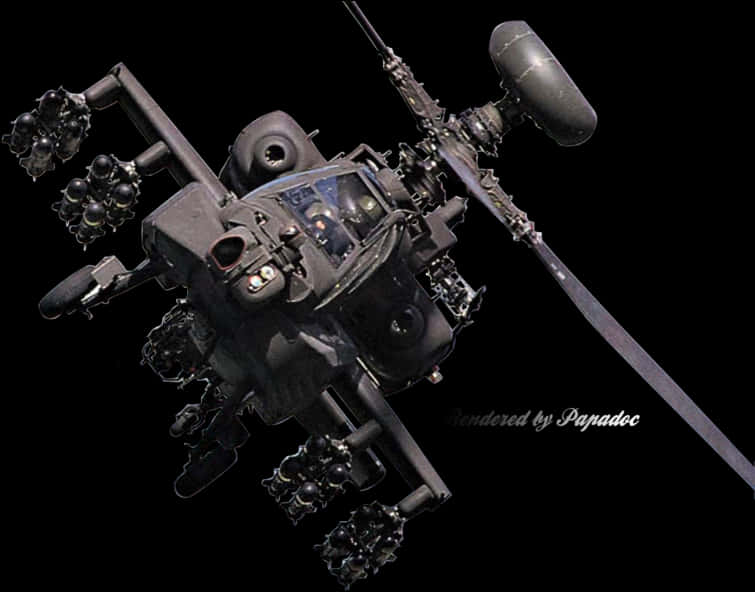 Aircraft 桌布 壁紙 — 一架黑色軍用直升機的詳細3D渲染圖，帶有旋翼葉片和外部吊艙，背景為純黑色。