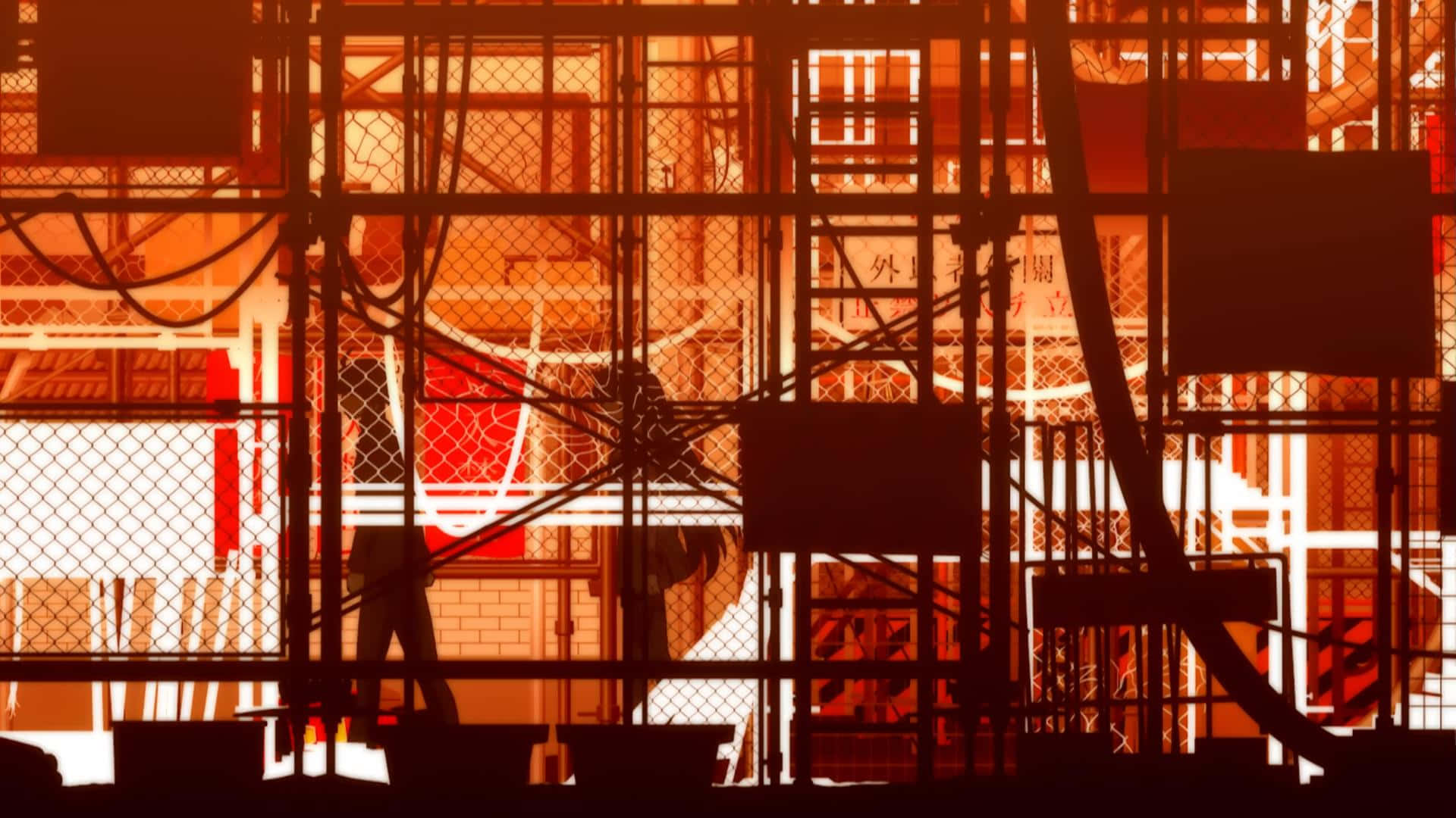 一栋红橙相间的建筑，布满电线和电缆 壁紙