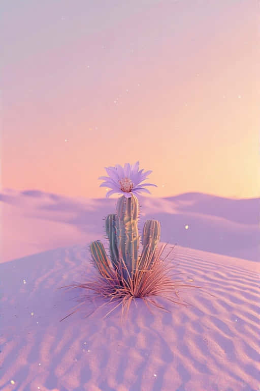 Minimalist Desert with Blooming Cactus at Pastel Sunset 壁紙 — 一株仙人掌在柔和的粉紅色和橙色暮色天空下，在沙丘頂上綻放出一朵精緻的紫色花朵。