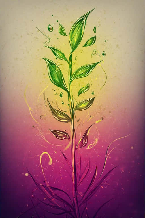 Desert Dream Dewy Stem at Magical Dusk 壁紙 — 一株充滿活力的風格化植物，帶有綠色葉片和水滴，從深色根部升起，背景為紫色黃色漸變。