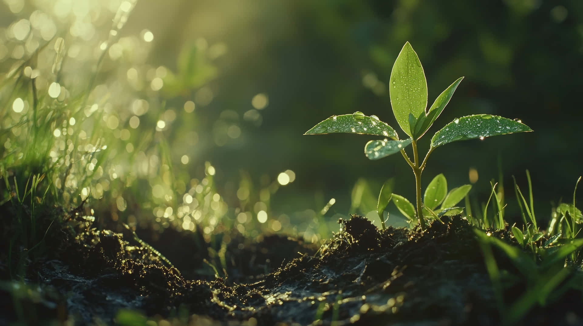 Young green seedling covered in dewdrops growing in rich soil at sunrise 壁紙 — 一株嬌嫩的綠色幼苗從黑暗的土壤中冒出，露珠在溫暖的金色陽光下閃閃發光。