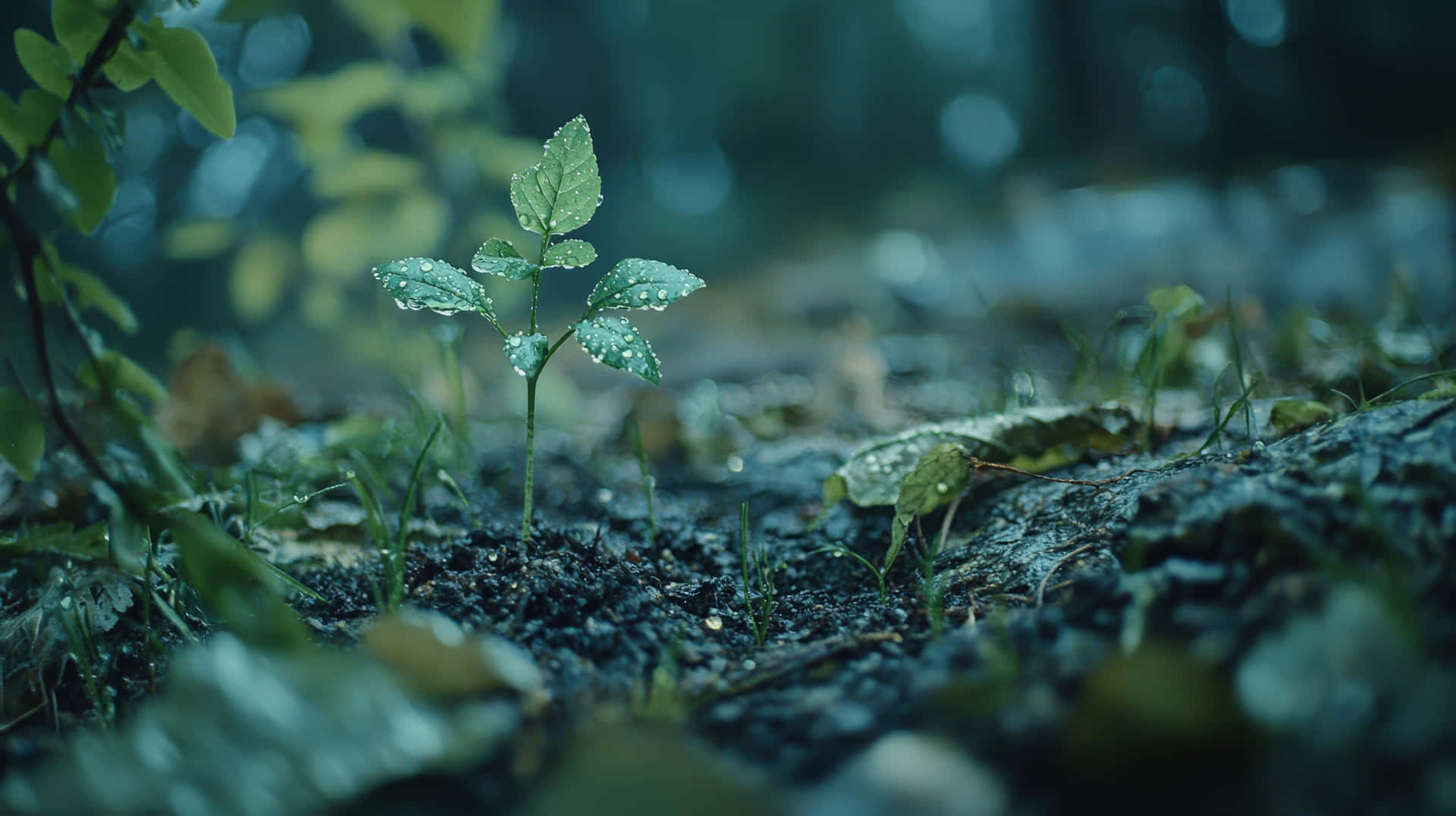 Small green seedling covered in dewdrops growing in a moist forest environment 壁紙 — 一株帶有露珠的嬌嫩綠色幼苗，從迷霧森林地面的暗色土壤中冒出。