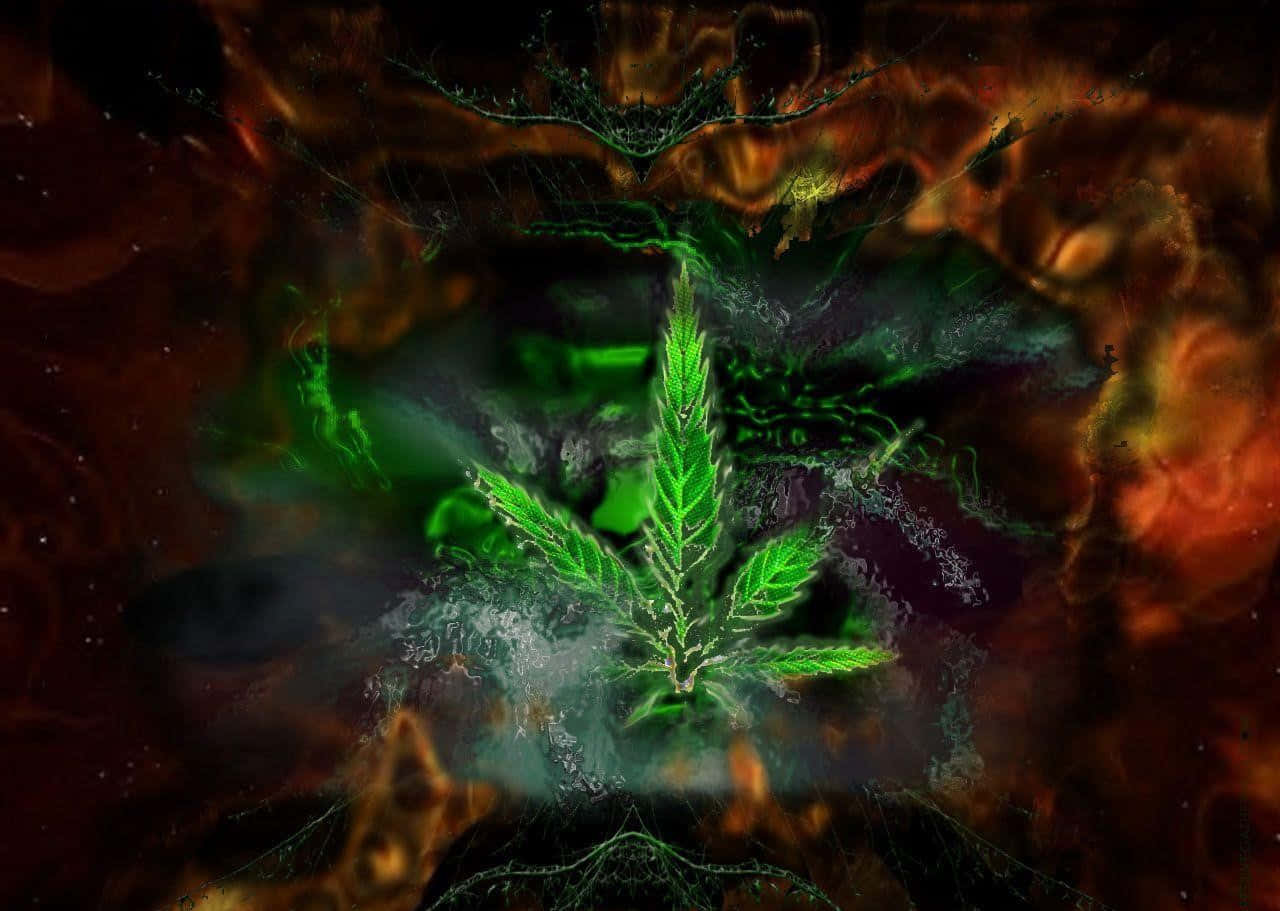 Pot Leaf 桌布 壁紙 — 一株發光綠色大麻植物在由火紅和深紫色組成的旋轉宇宙星雲中，以電能脈動。