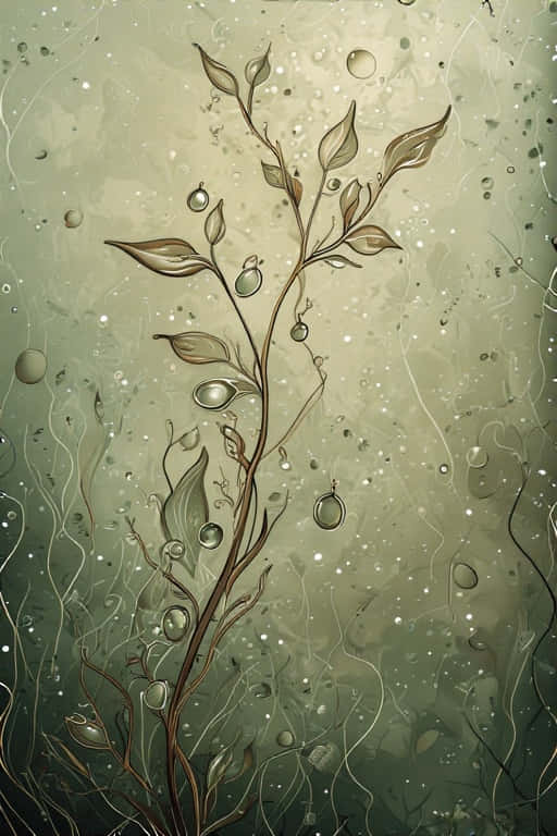 Forest Renewal After the Rain 壁紙 — 一株精緻的棕色植物，帶有淚滴狀葉子和氣泡，穿過紋理化的綠色水下場景升起。