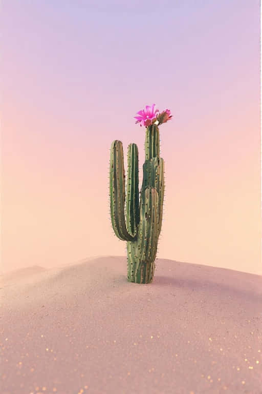 Minimalist Desert with Blooming Cactus at Pastel Sunset 壁紙 — 一株綠色仙人掌，頂著粉紅色花朵，矗立在沙丘之上，背景是柔和的粉彩天空。